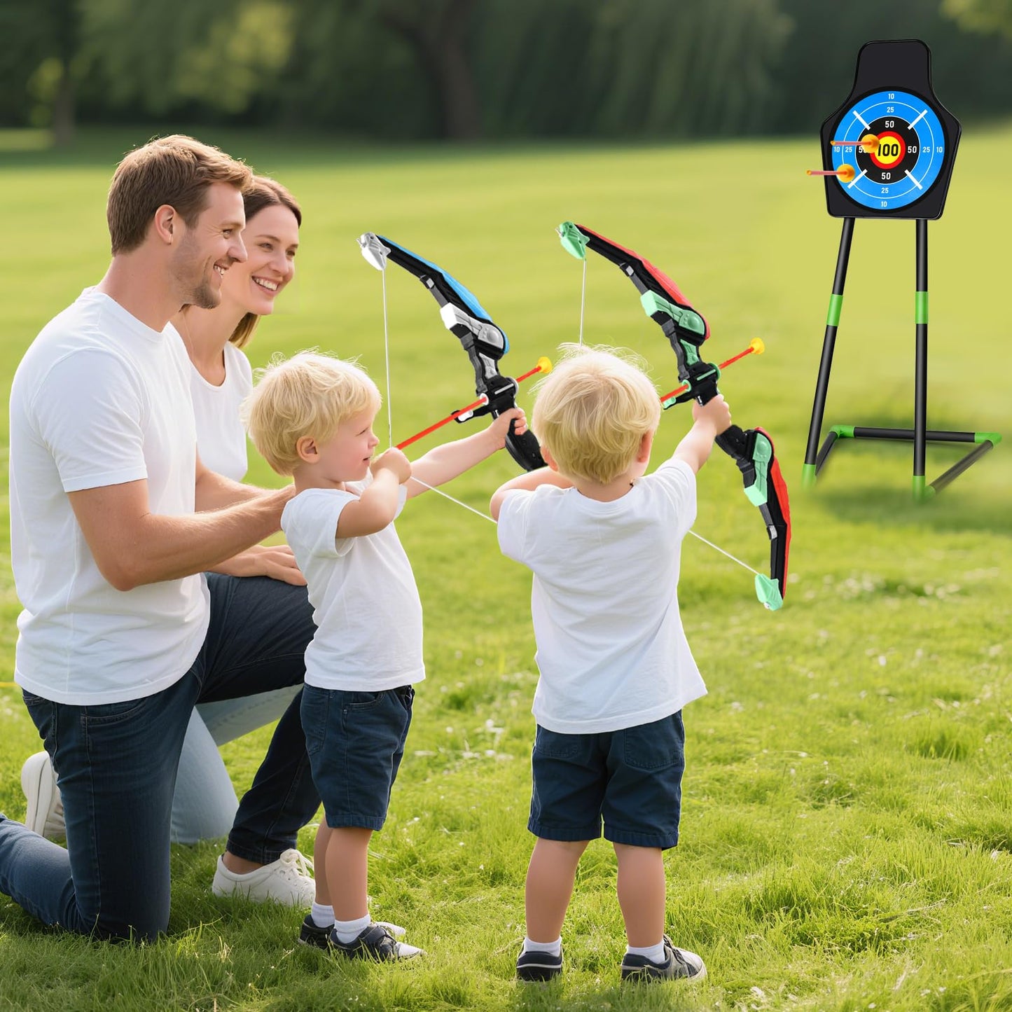 Bow and Arrow for Kids : LED Light Up Archery Set with 24 Suction Cup Arrows, 1 Standing Target, 6 Score Targets & 2 Quiver | Indoor Outdoor Sport Gifts for Boys Girls Ages 4 5 6 7 8 9 10 | 2 Pack