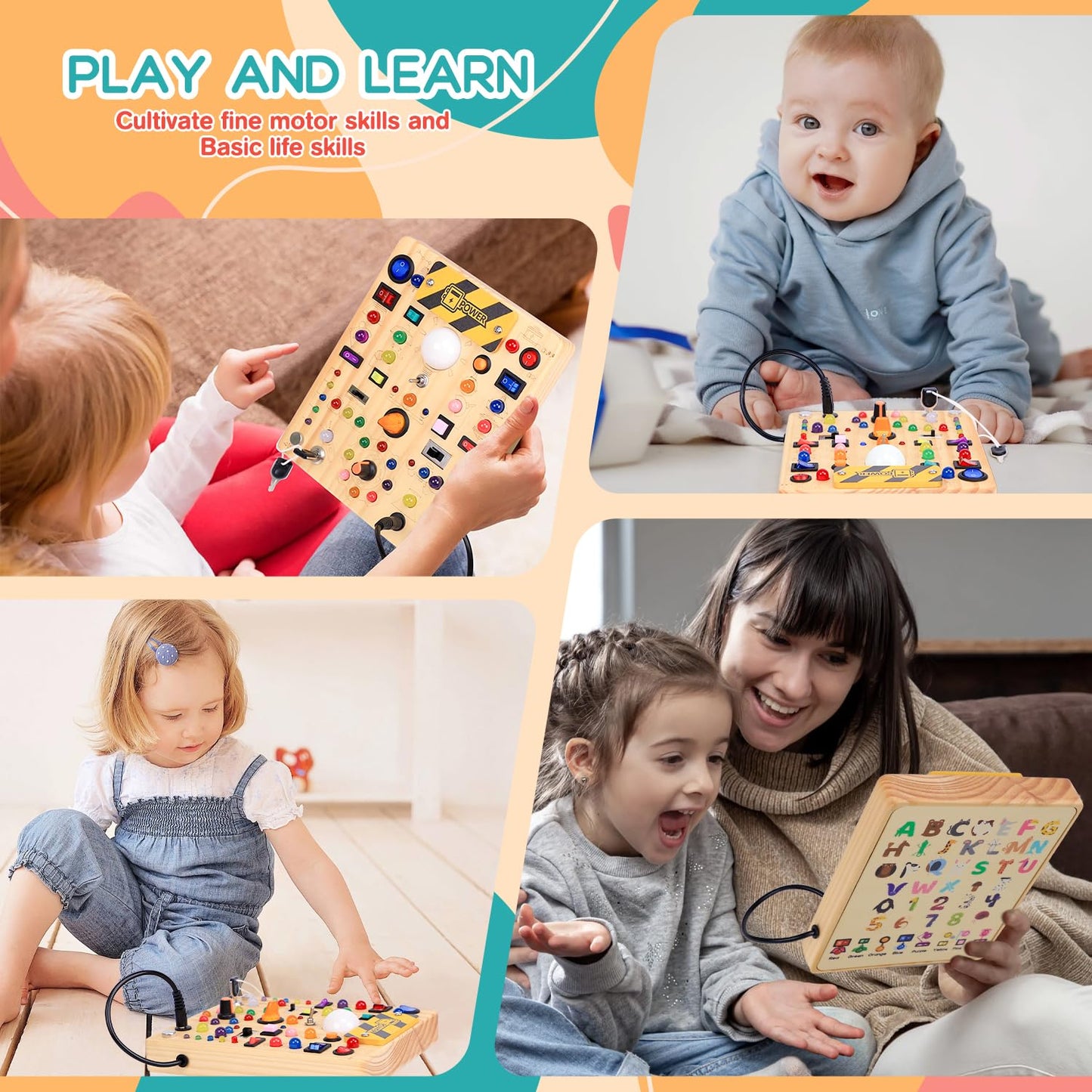 RichBoy Montessori Toy Busy Board with 40 LED Lights, 59-in-1 Sensory Toys for Toddlers, Travel Educational Activity for Airplane, Ideal Christmas Birthday Gift for Boys & Girls (7.8" x 6.5")