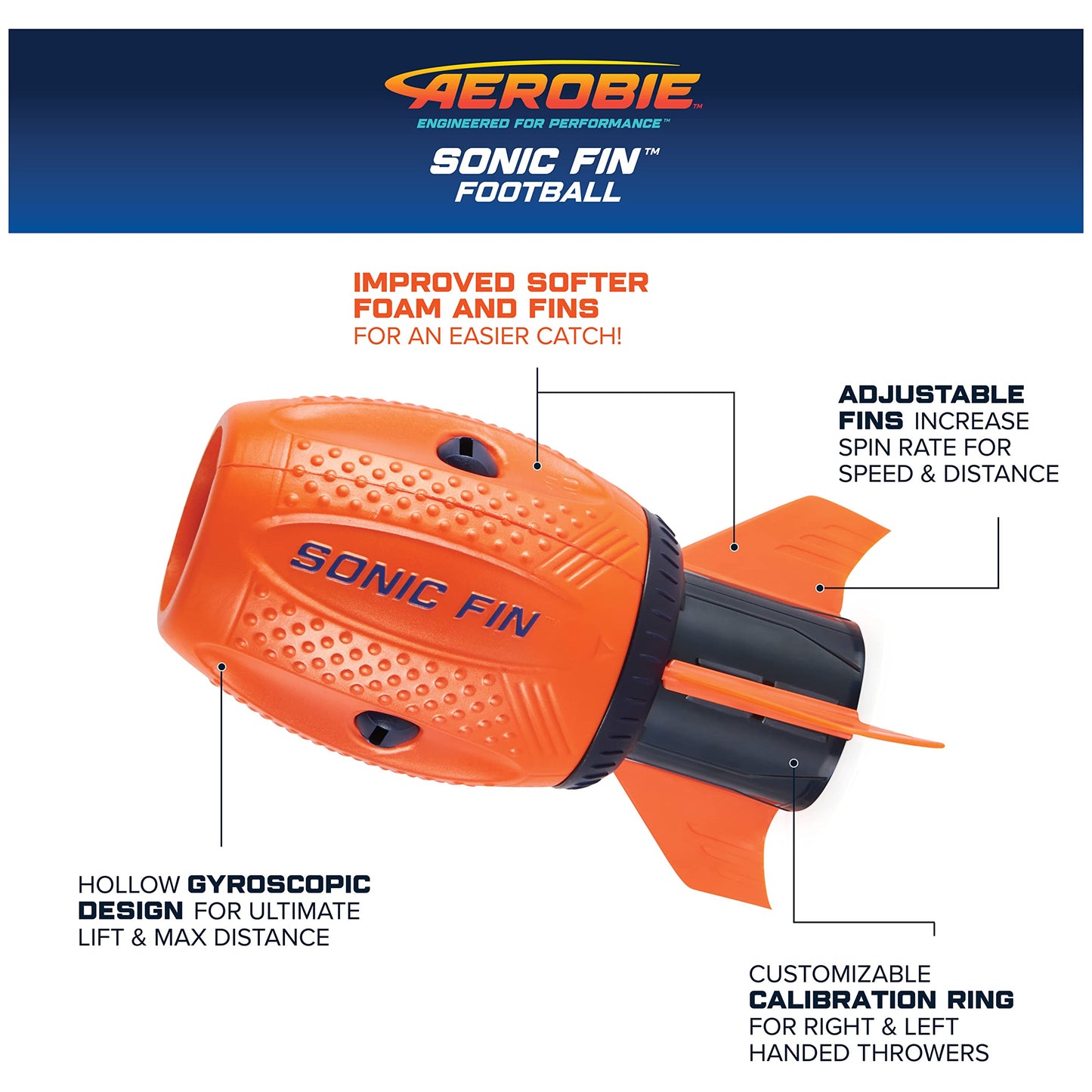Aerobie gl_Toy Sonic Fin Football, Aerodynamic Russel Wilson Toy, Now with Softer Foam & Fins, Outdoor Games for Kids and Adults Aged 8 and Up, Orange