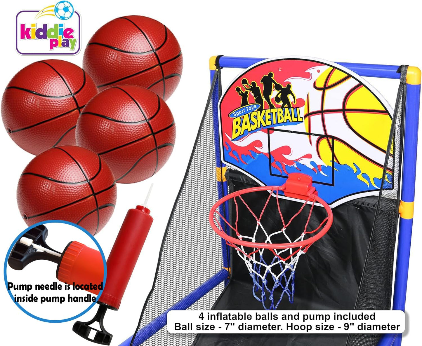 Kiddie Play Toy Basketball Hoop Arcade Game Set with 4 Balls & Air Pump, Indoor Outdoors Sports Toys for Kids