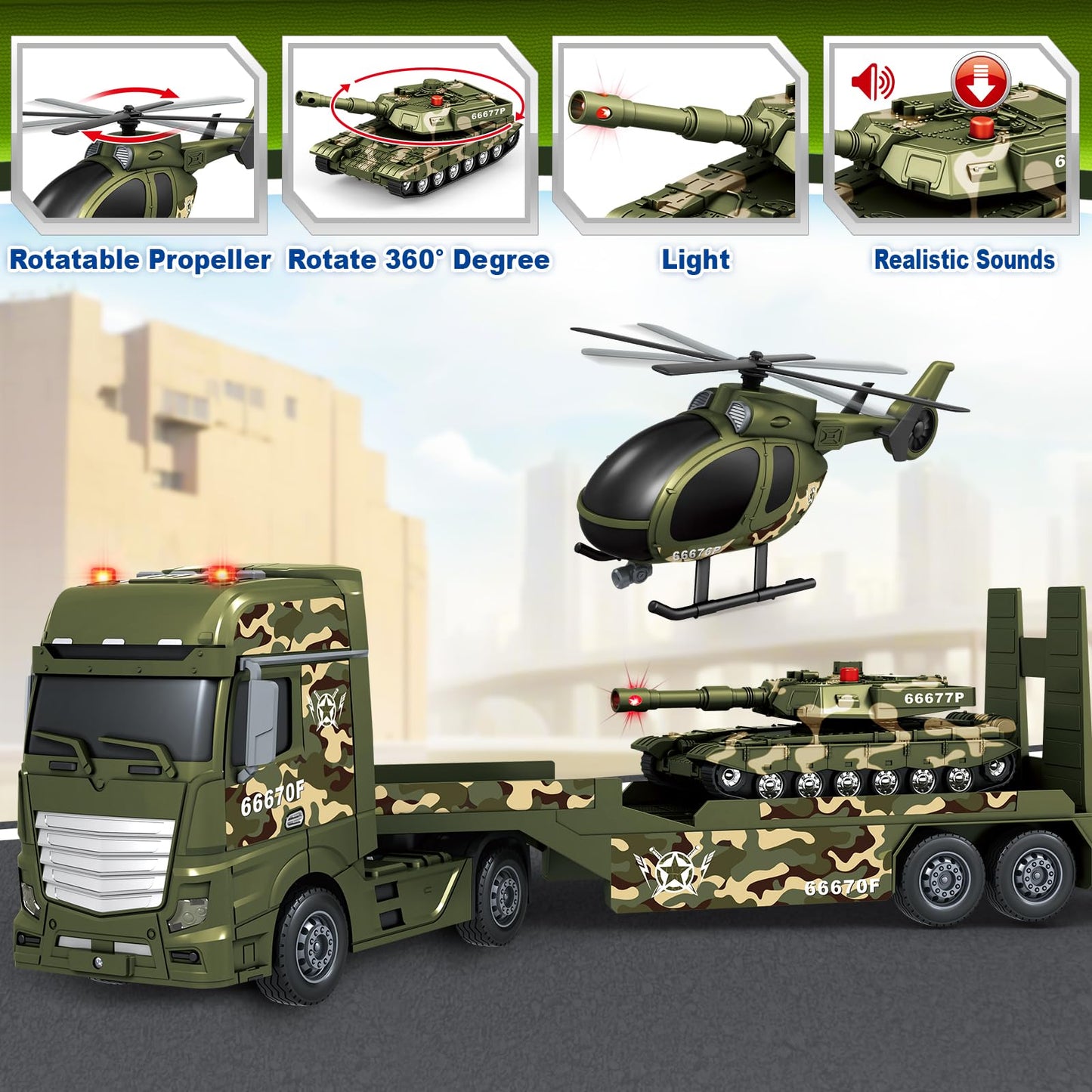 SpringFlower Toddler Boy Toys, 3 in 1 Large Army Truck Toy with Helicoper and Tank, Military Transport Truck Toy, Christmas Birthday Gifts for Kids 3 4 5 6 Years Old