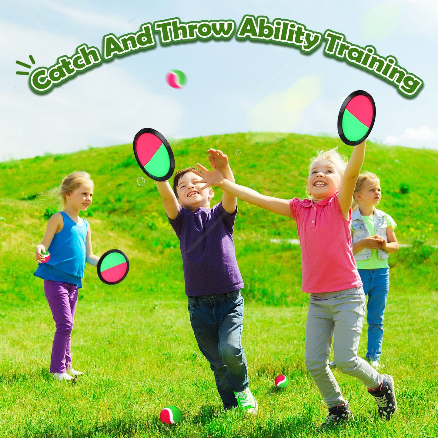 Charniol Kids Toys Toss and Catch Game Set Beach Game Outdoor Ball Sports Games Toss and Catch Ball Nylon Toys for Kids Adults (Pink, Green, Black,12 Paddles 6 Balls)