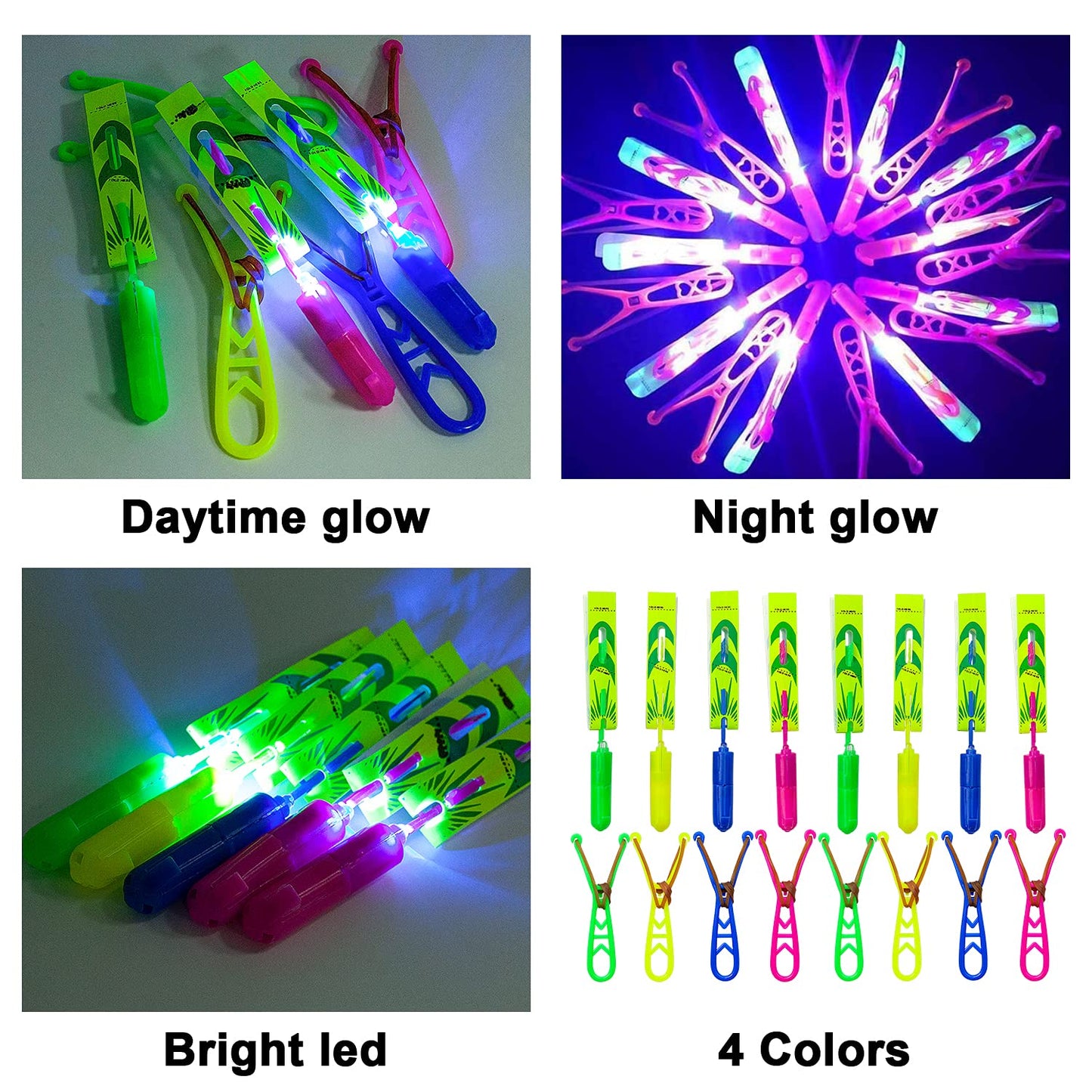 Slingshot Flying with LED Lights Glow The Dark Party,12 Launchers + 12 LED Helicopters,Slingshot Amazing Arrow Helicopter Glow Supplies for Kids (24 Pieces)