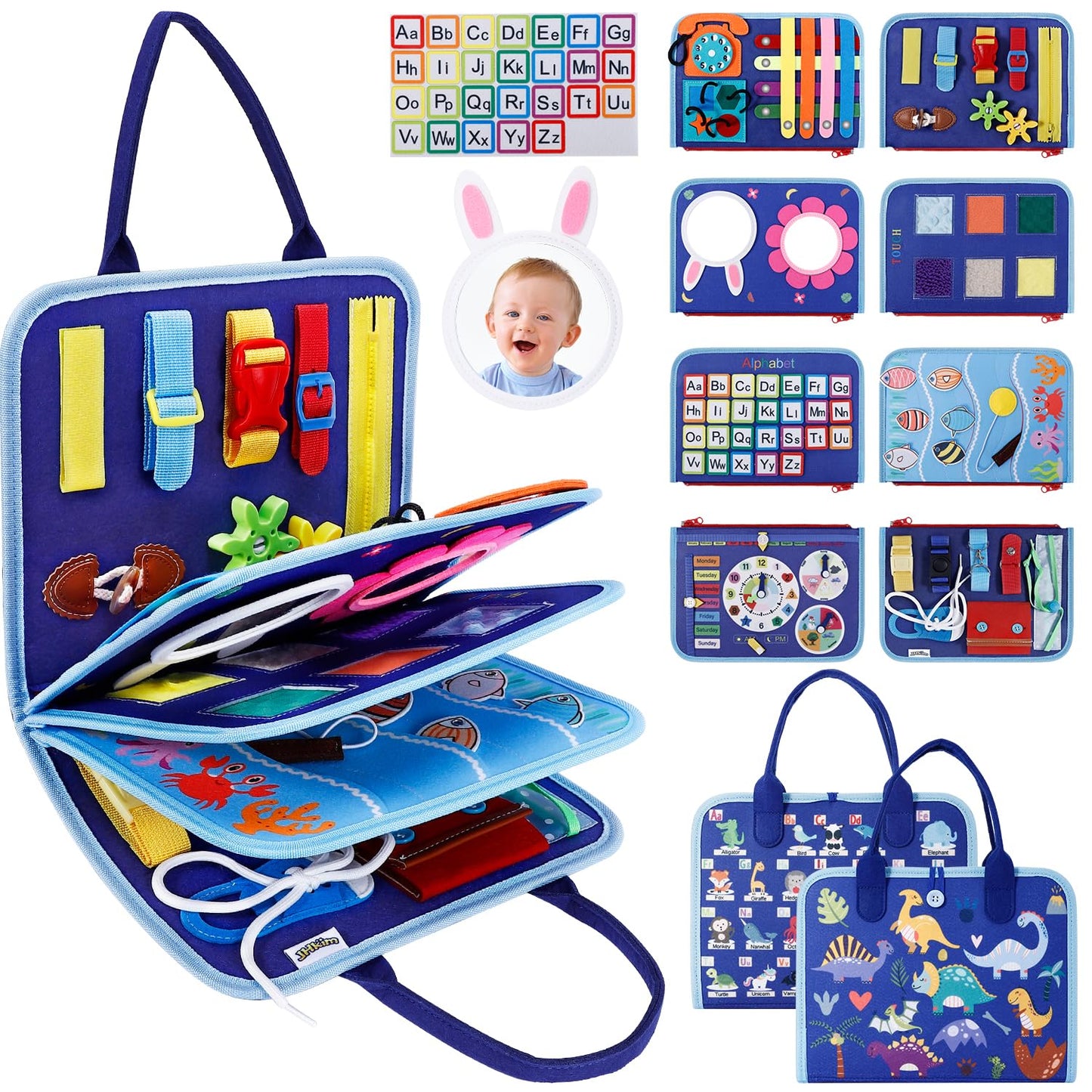 JHkim Busy Board Montessori Toys for 1 2 3 4 Year Old Boys Girls Gifts, Sensory Toy for Toddlers 1-3, Educational Activities Travel Toy for Airplane Car, Busy Book for Learning Fine Motor Skills,Blue