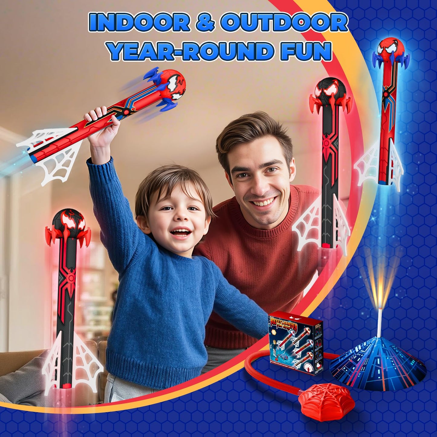 Spider Rocket Launcher for Kids, 4 Rockets with Web Air Pump, Stomping Launch Toys, Outdoor Spider Toys Gifts for 3-10 Year Old Boys & Girls