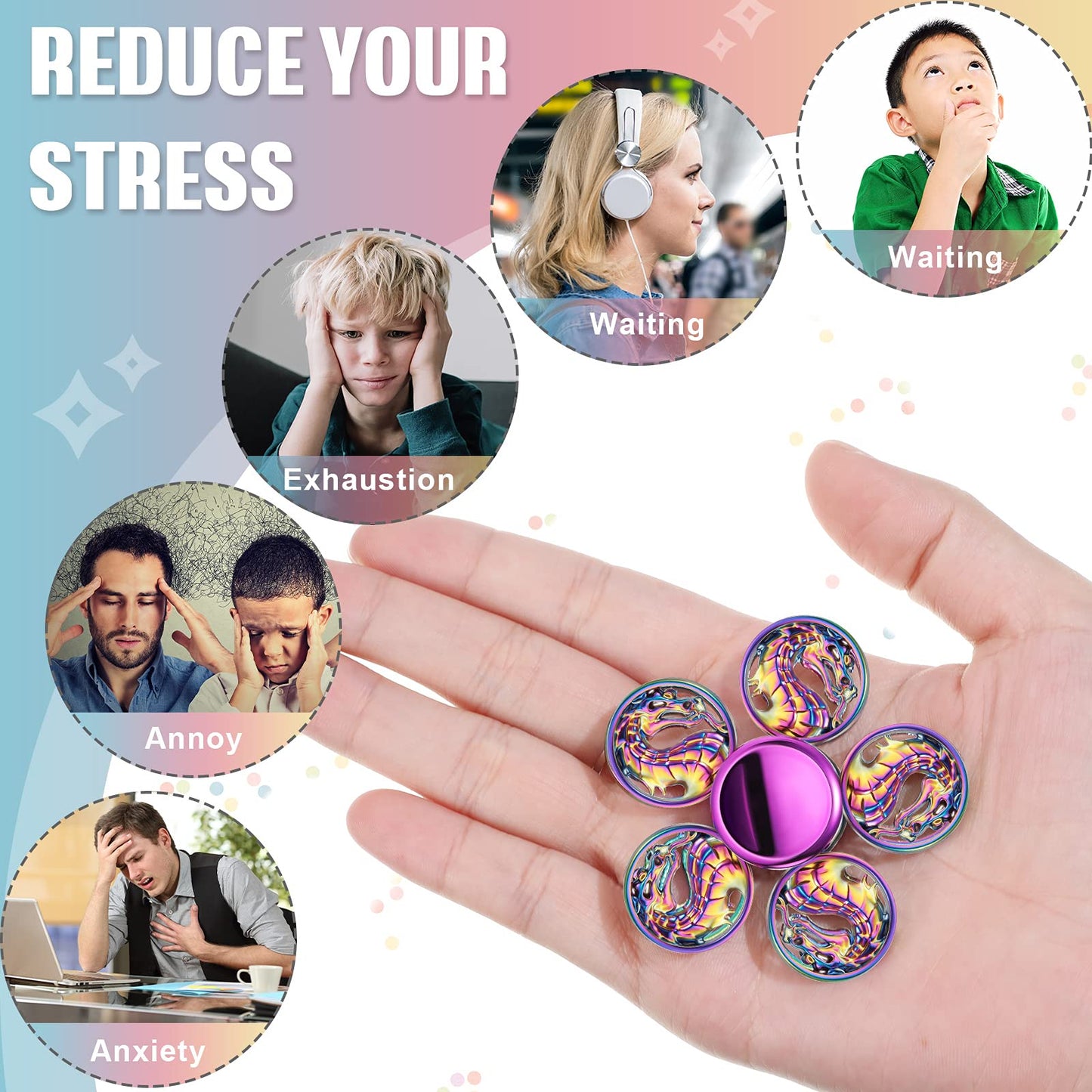 Lewtemi 8 Pieces Rainbow Metal Spinner Cool Finger Spinners High Speed Hand for Stress Anxiety Relief Gift for Adults and Teens(Chic Style)