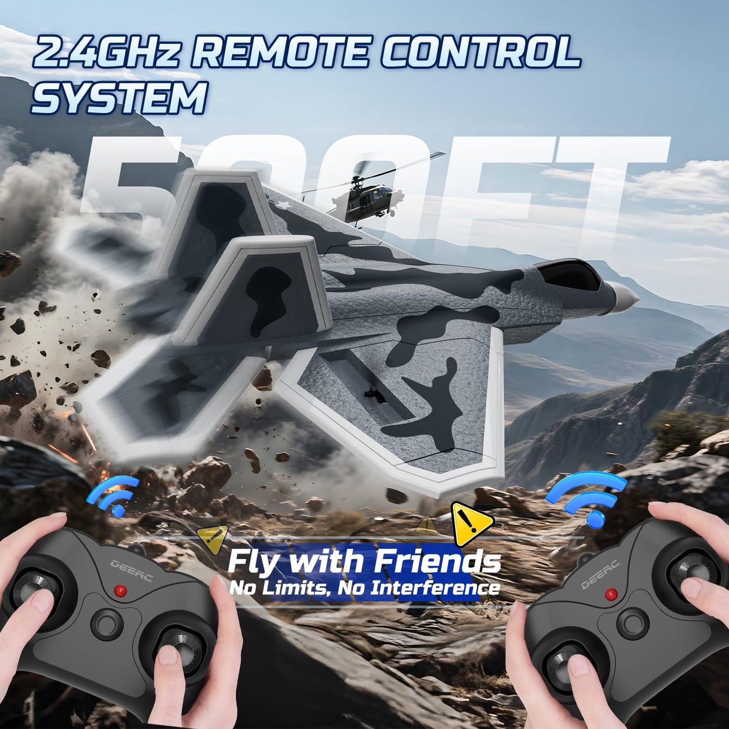 DEERC 2CH F22 Raptor RC Plane wiht Lights,Remote Control Airplane Fighter Toys,2.4GHz 6-axis Gyro Stabilizer RTF Glider Aircraft Jet Plane with 3 Batteries,Easy to Fly for Boys Adults