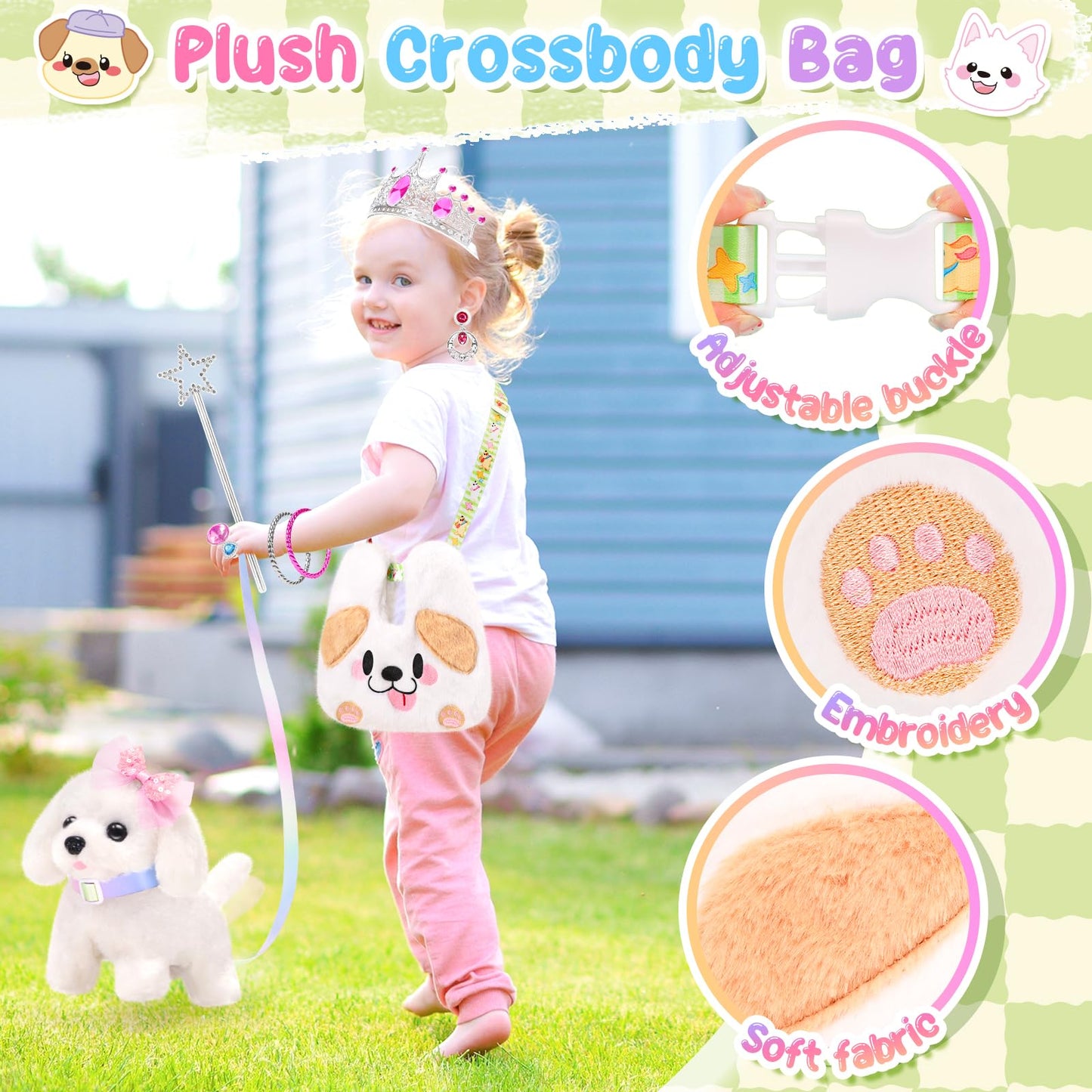 NINAOR Plush Dog Toys for Kids with Crossbody Bags Princess Jewelry, Robot Puppy with Leash Walking Barking, Pretend Play Dress Up Interactive Stocking Stuffers for Toddler Girl Toys Birthday Gifts