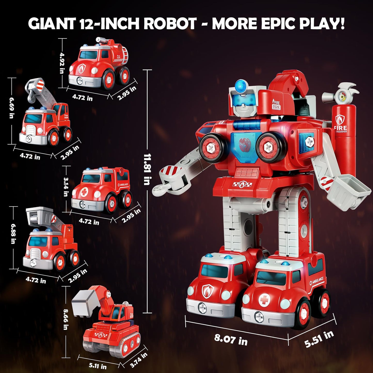 Baobrava 3 4 5 6 Year Old Boy Birthday Gift, 5-in-1 Take Apart Fire Truck Toys, Transformers Robot Toys for Boys 3-8, STEM Montessori Drill Screw Set, Creative Educational Construction Gifts