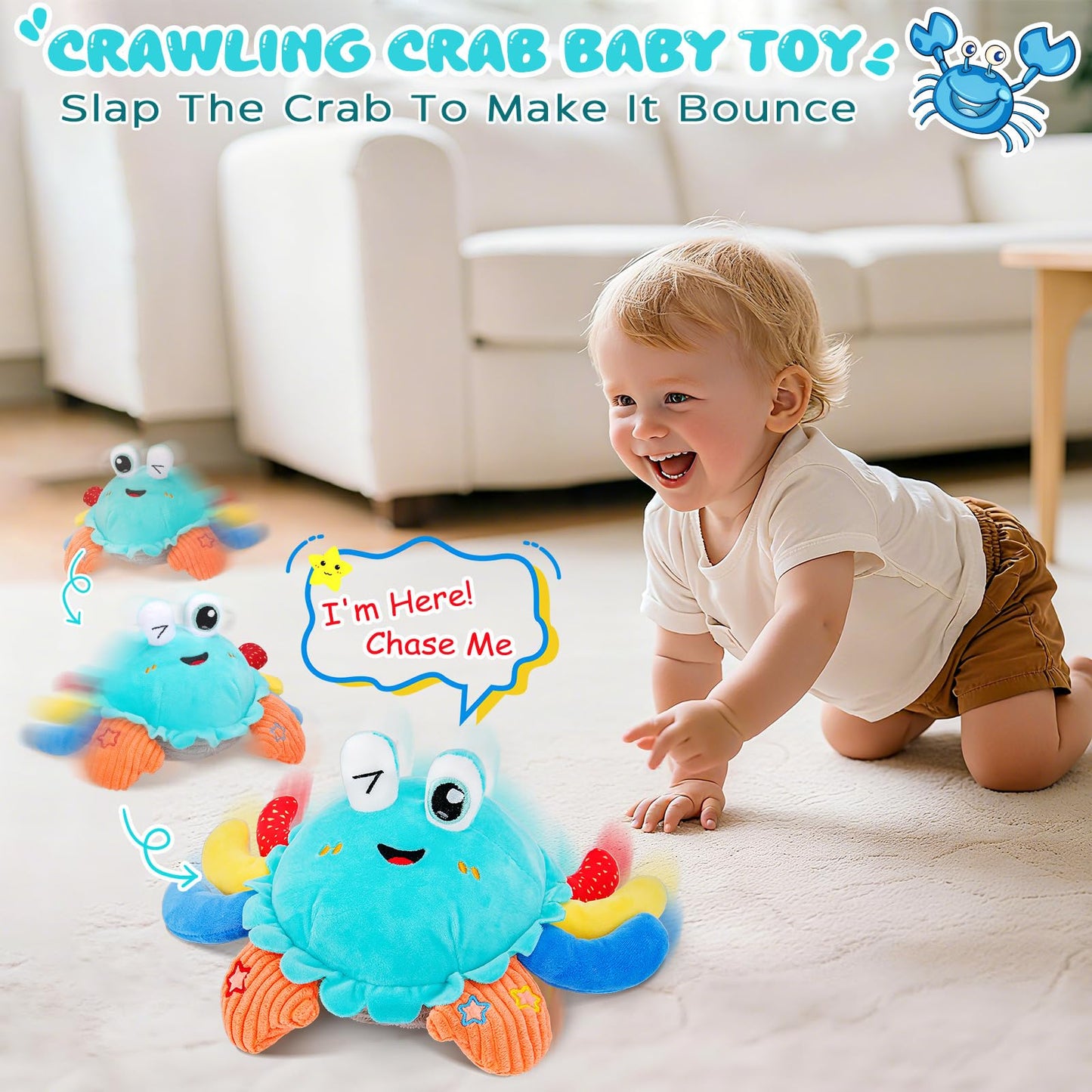 Kleikyerel Baby Toys 1 Year Old 6-12 Months, Crawling Crab Baby Plush Toy, Musical Tummy Time Toys, Dancing Moving Bouncing Recording Sensory Toys for 1 2 3 Year Old Boy Girl Gifts