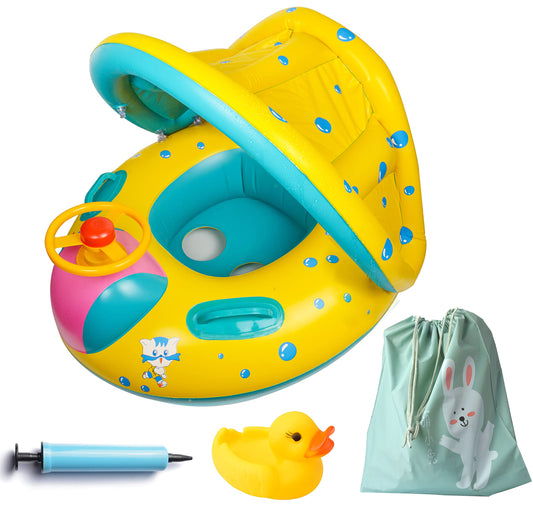 Inflatable Baby Swimming Pool Floats with Removable Sun Protection Canopy, Toddler Floaties with Seat and Handle, No Flip Over Baby Boat Swim Floats for Age of 6-36 months, with Hand Pump, Storage Bag