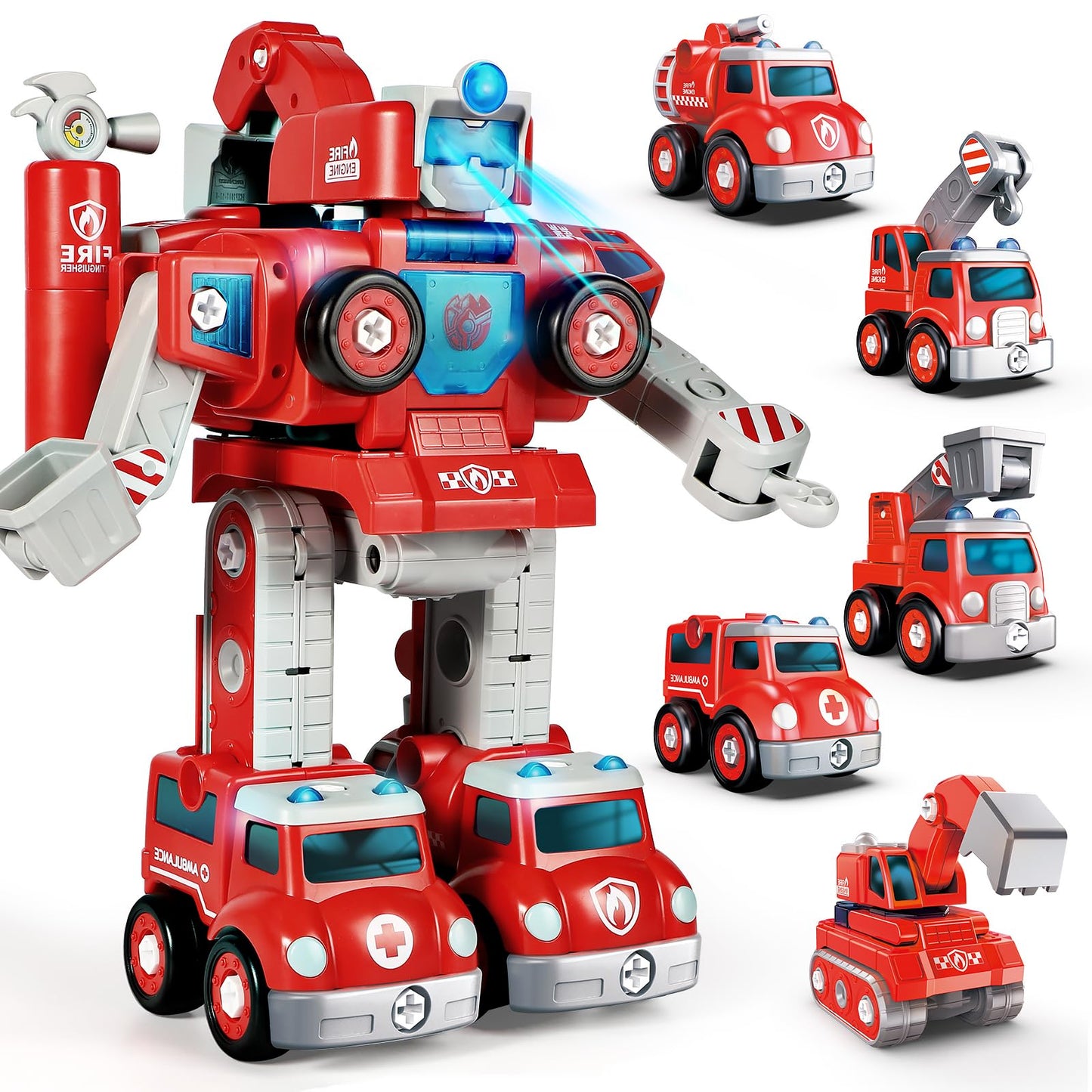 Baobrava 3 4 5 6 Year Old Boy Birthday Gift, 5-in-1 Take Apart Fire Truck Toys, Transformers Robot Toys for Boys 3-8, STEM Montessori Drill Screw Set, Creative Educational Construction Gifts