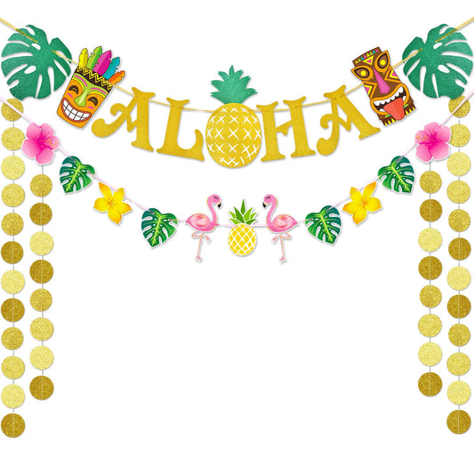 WERNNSAI Hawaiian Aloha Party Banner Decorations - Flamingo Pineapple Tiki Tropical Luau Party Supplies Favors Large Gold Glittery Aloha Sign Flag for Birthday Wedding Summer Beach Pool