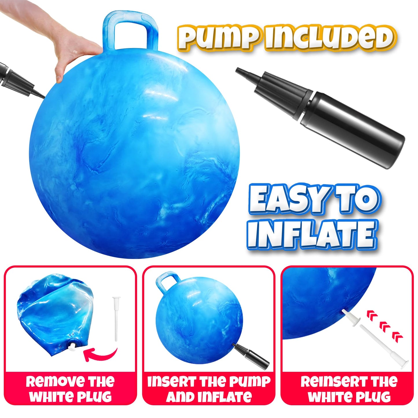 Bedwina Bouncing Ball for Kids – 20 Inch Hopper Ball with Handle and Pump | Fun & Durable Bouncy Toy for Children | Safe Inflatable Hopping Toy for Indoor & Outdoor Play, Exercise & Active Fun