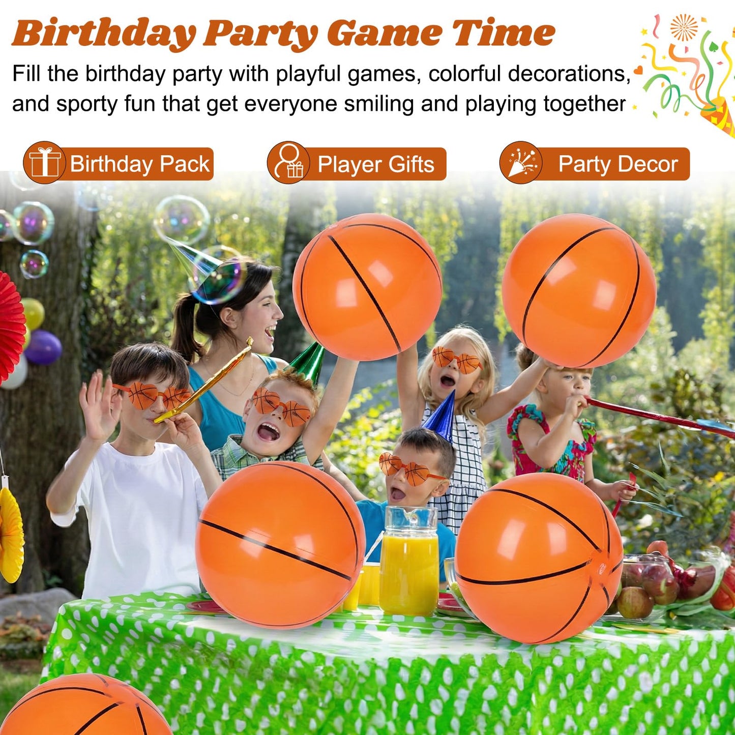 Mototo 24PCS Inflatable Basketball Beach Balls with Glasses, 16 Inch Blow up Basketball Inflatable Beach Balls Sport Plastic Glasses Bulk for Sport Birthday Senior Night Gift Summer Pool Party Favor