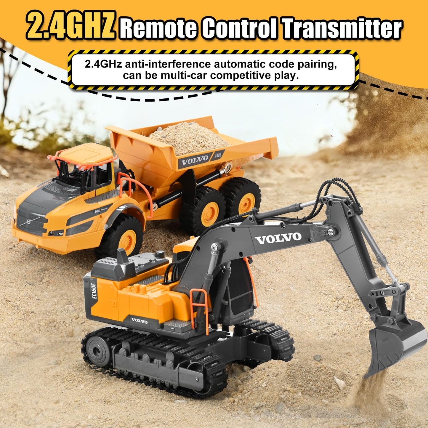 Double E Volvo Remote Control Excavator Toy, RC Construction Vehicles with 360° Spin & 330° Cab Rotation, Dig & Unload, 2.4GHz Anti-Interference for Multi-Player, Outdoor Sandbox Digger Gift for Kids