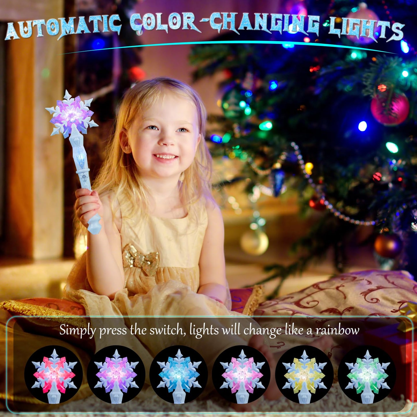 EnrichFun Light Up Frozen Snowflake Wand with Sound, Motion Sensitive Magic Princess Toys for Kids Girls Party Favors 4 Pieces, (Blue 4 Pack)