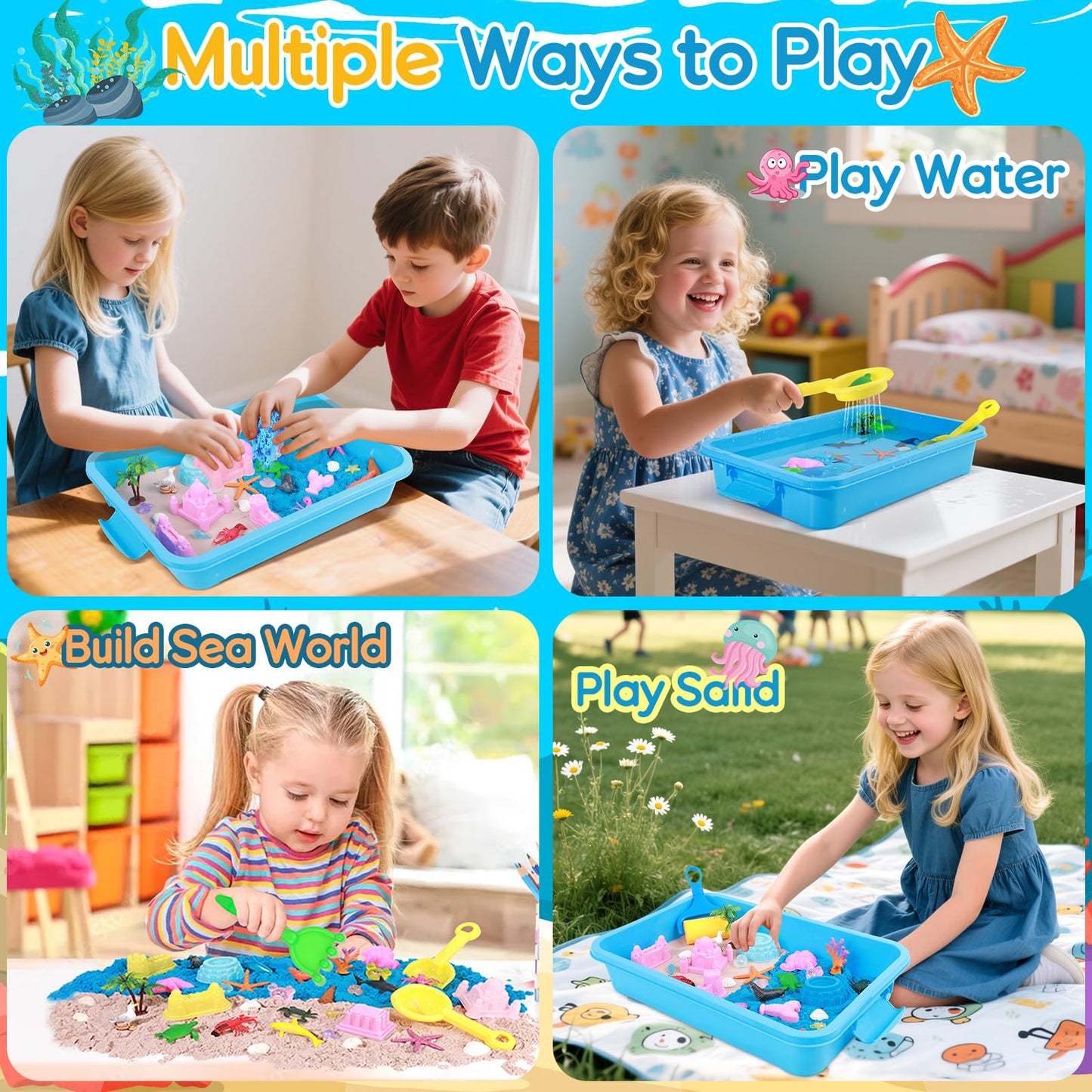 Mikiwon Ocean Sensory Bin, Sandbox Play Sand Art Kit with 3.3lbs Play Sand, Sea Animal Toys Molds, Sensory Play for Girls Boys Age 3 4 5 6 7 8, Beach Toys for Kids Xmas Birthday Gifts