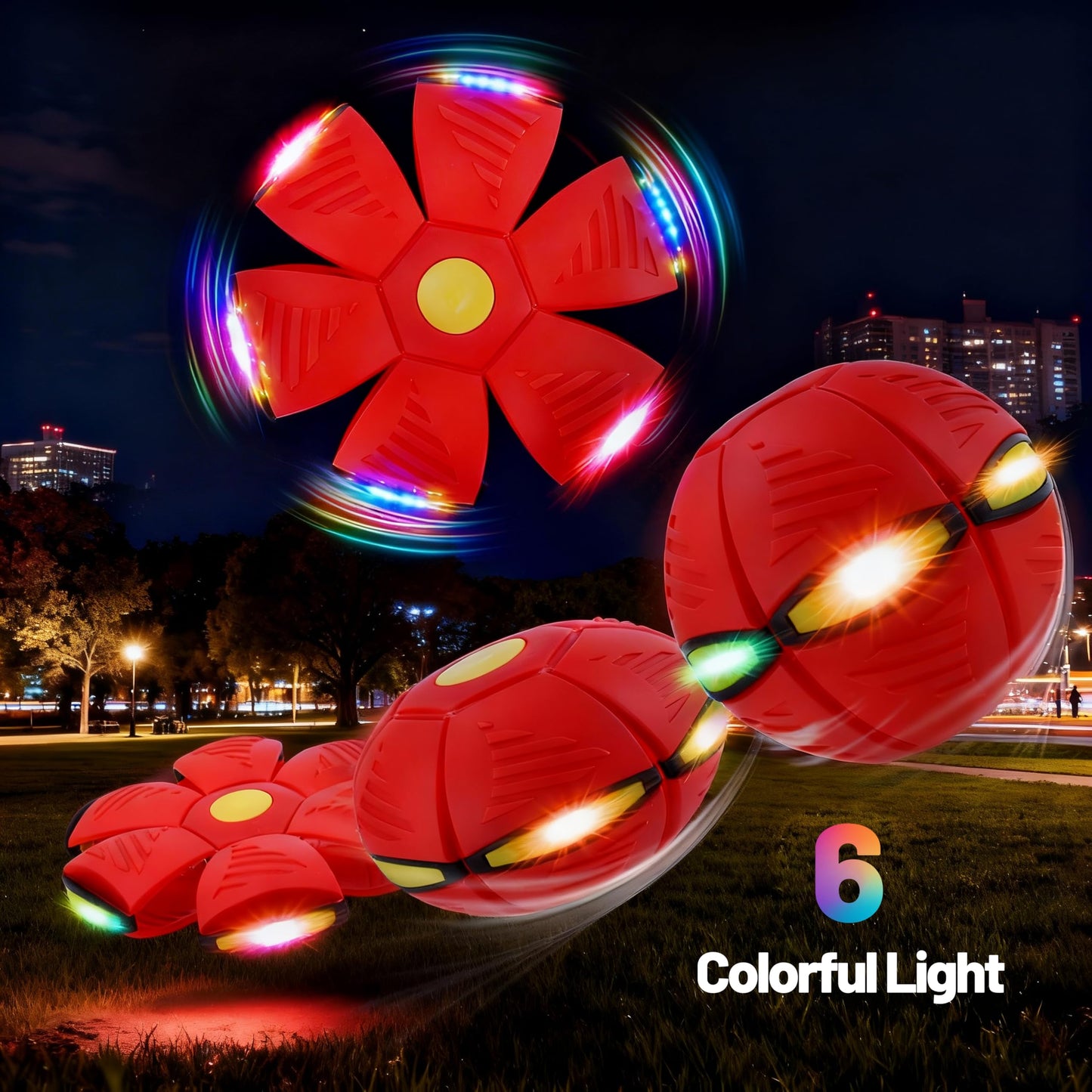Magic Metaball, Children's Bouncing Ball, Magic Flying Saucer Interactive Pop-Up Transform Toy, Parent-Child Interaction Red Bouncy Ball, Collapsible Time Delay Frisbee Flying Disc Toy with 6 Light