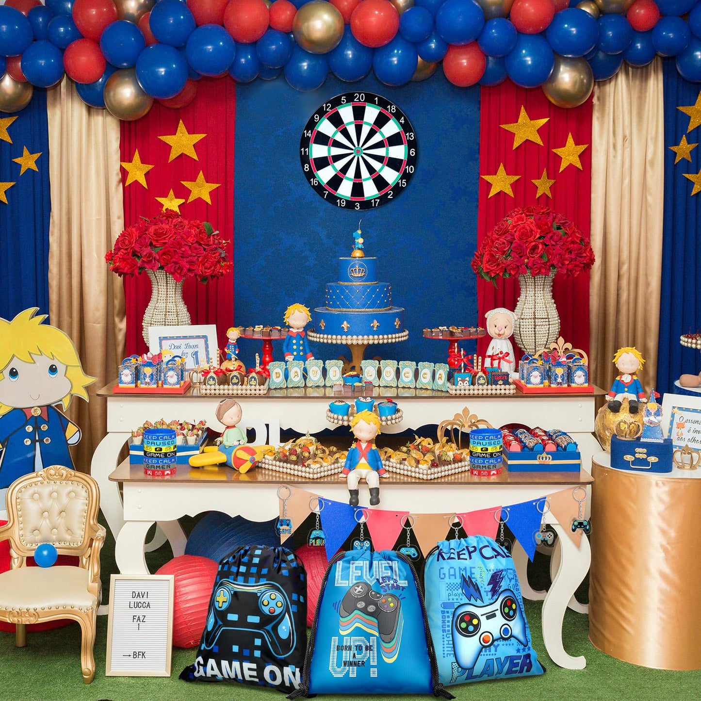 Talltalk 48 Pcs Video Game Party Favors Bulk with 16 Blue Black Video Game Gift Drawstring Backpack Goodie Bags Snacks Candy Bag 16 Wristband 16 Keychain for Play Birthday Party Supplies Decorations