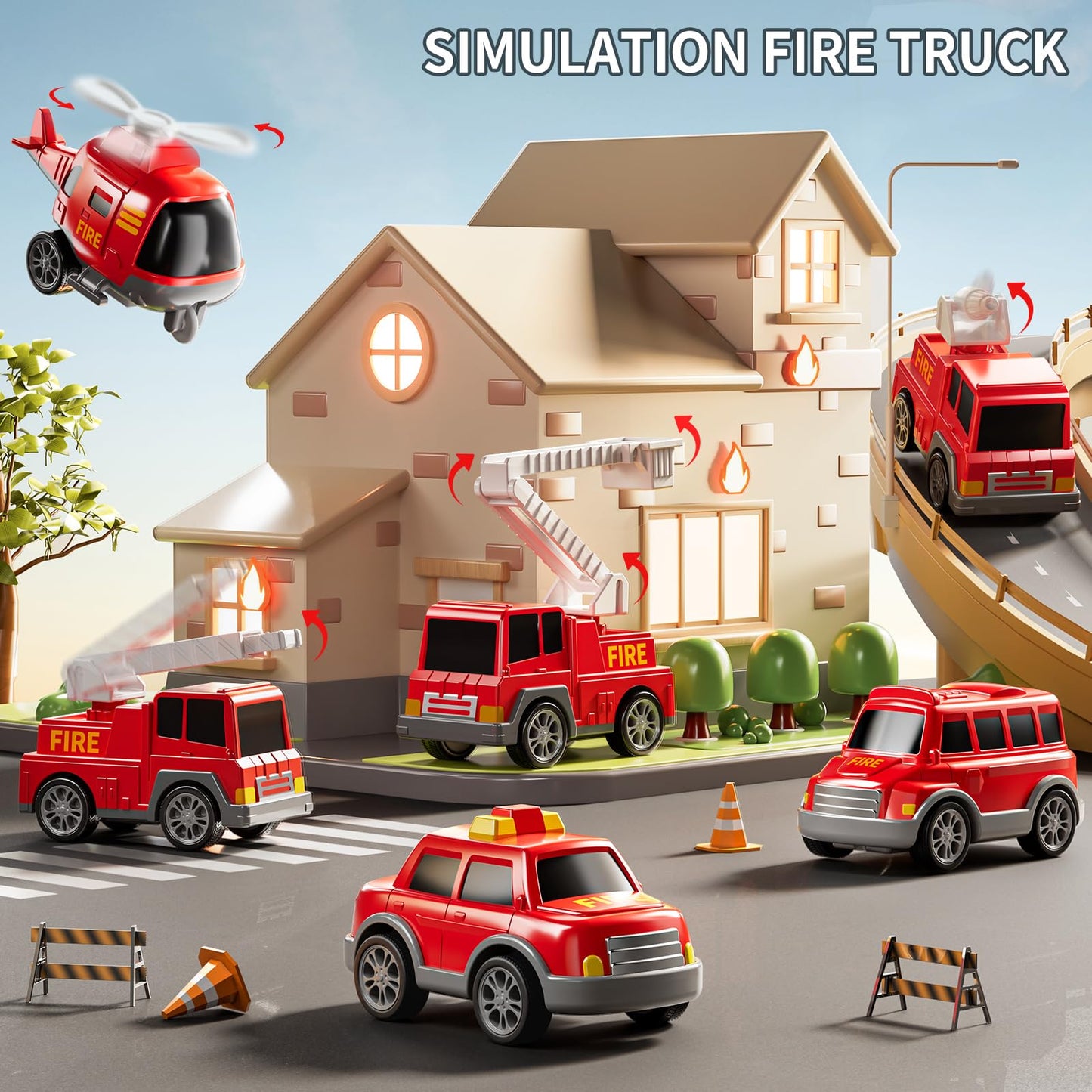 JUKUDAHU 7-in-1 Fire Trucks for 3 4 5 6 Years Old Boys - Transport Car for Toddlers 4-6, Sound and Light Kids Toys for Ages 2-4, Gift for Ages 5-7, 4-8 Year Old Girl Birthday Gifts