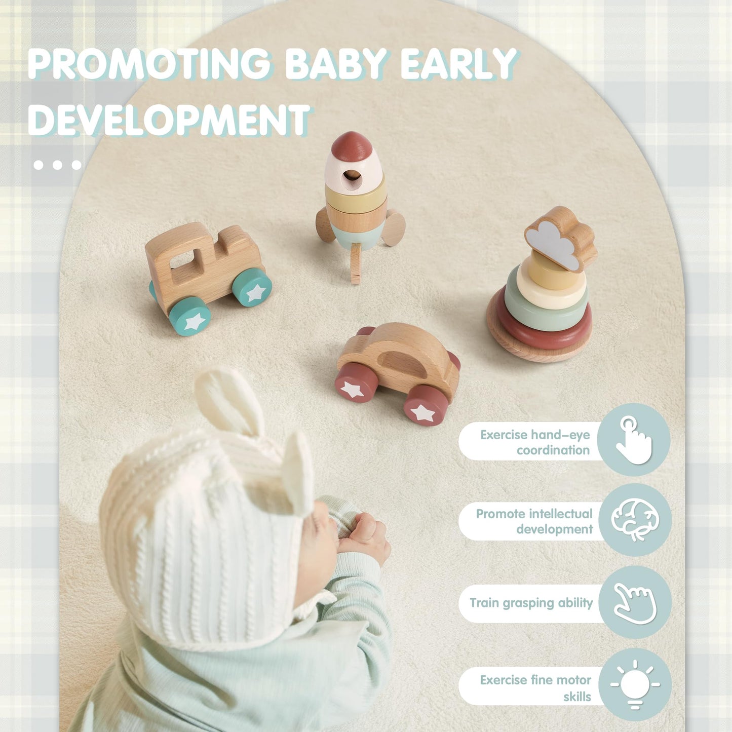FReniland Wooden Montessori Toys, 4-Piece Wooden Baby Toy, Rainbow Stacking Ring,Car Push and Pull Toy, Rocket Stacking Ring Babys Toys,Newborn Baby Gift Sets for Boys and Girls