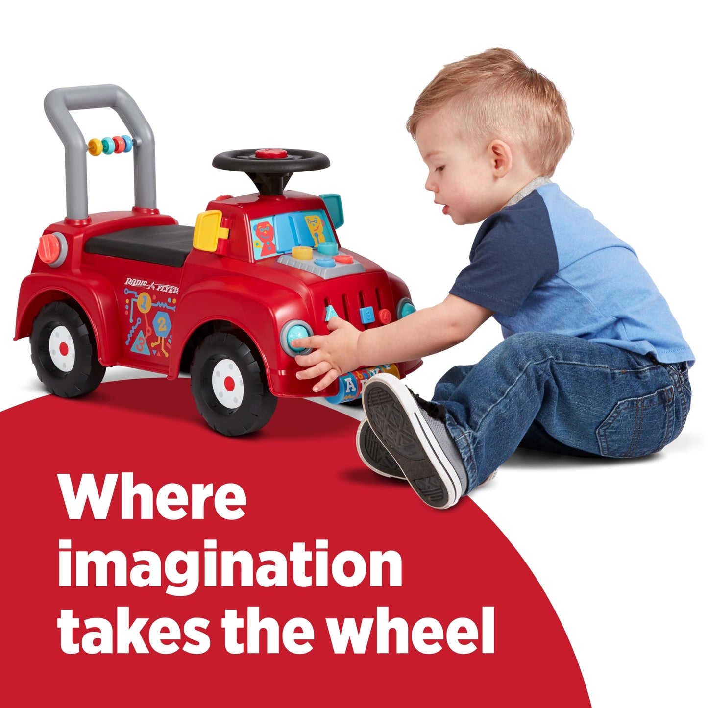 Radio Flyer Tinker Truck, for Toddlers 1-3, 3-in-1 Push Walker Ride On Car with 20 Sensory Activities, Anti-Tip Feature, Under-Seat Storage, Lights and Sounds, 42 lb Capacity, Toddler Ride On Toys