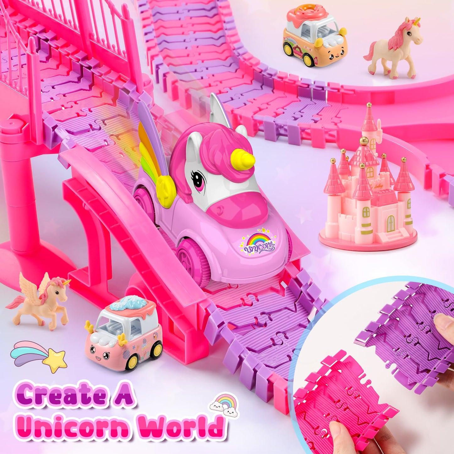 Aetyni Unicorn Toys Car Track for Kids Girls 4-6: 232 PCS Unicorn Monster Truck Race Track with 2 Pull Back Cars Toys for 3 4 5 6 7 Year Old Girl Toddler Christmas Birthday Gifts for Girl 3-5 6-8