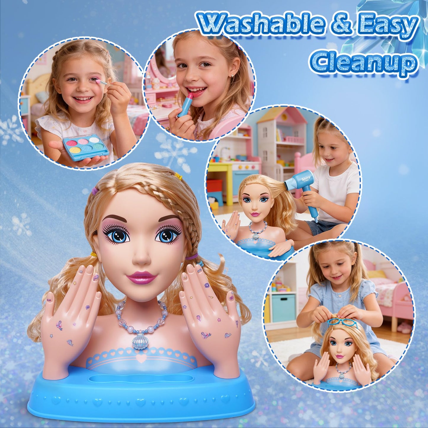 Blonde Hair Styling Doll Head 10.5” with Washable Makeup Set, 3-in-1 Styling Head Toy with 20+ Accessories, Pretend Hair Salon Playset for Girl, Birthday Gifts for Girls Ages 3 4 5 6 7 8+