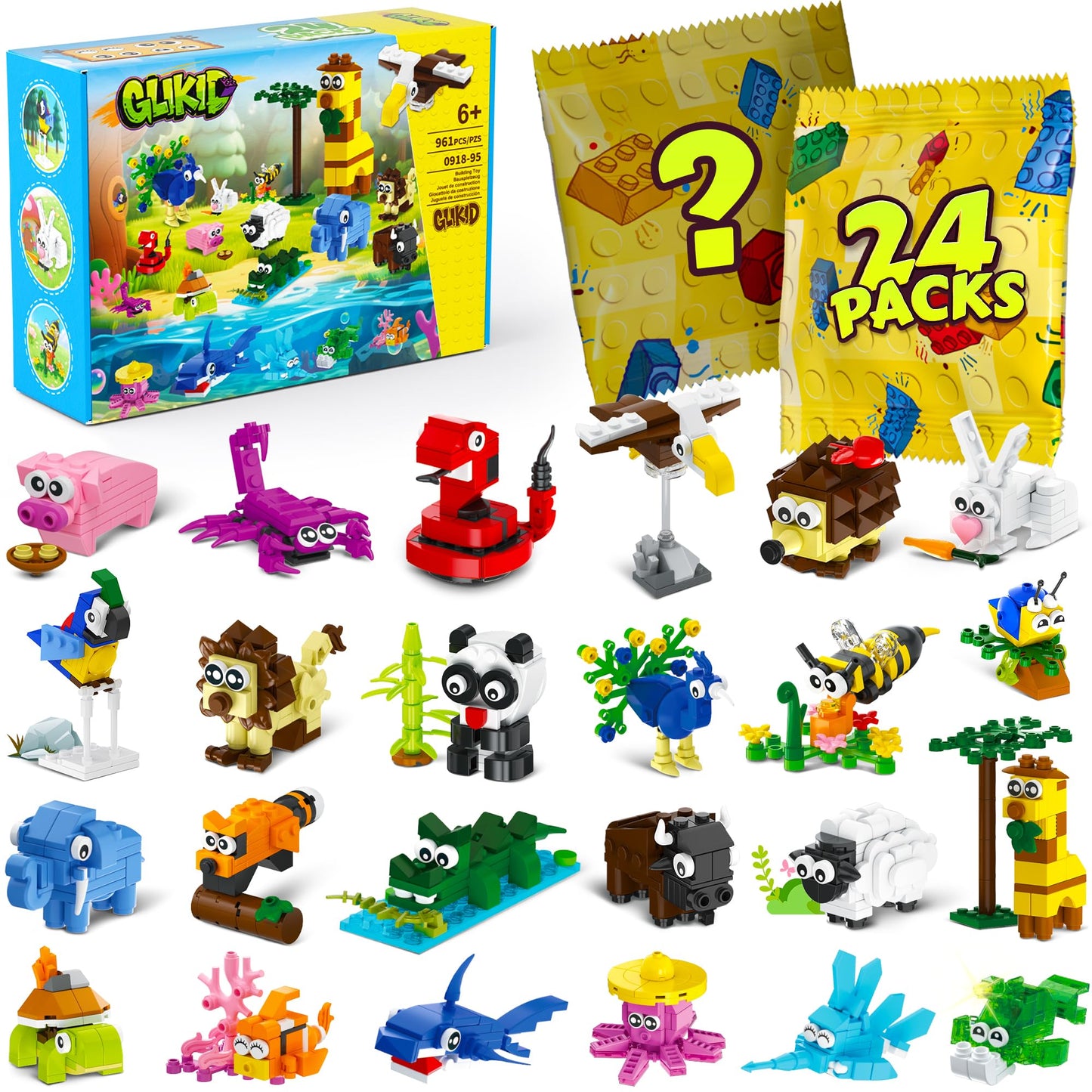 Glikid 24 Packs Party Favors for Kids 4-8 8-12, 961 PCS Mini Animal Building Blocks Blind Bags for Easter Valentines Day Birthday Goodie Bags, Treasure Box Toys for Classroom, Pinata Stuffers