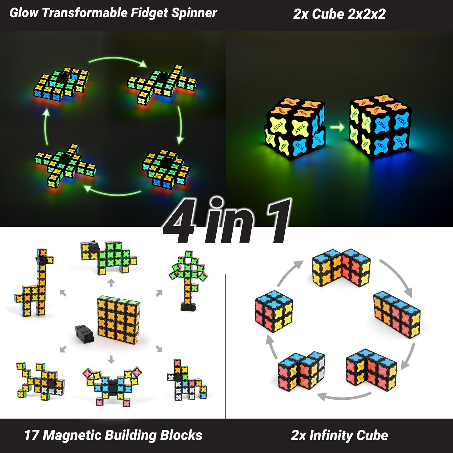 TOSY Magnet Fidget Spinner Glow - 16 Blocks, 3in1 Toy: Transformable Fidget Spinner, Infinity/Puzzle Cube, Easter Basket Stuffers Gift for Kids/Adults, Glowing STEM Sensory Stress Relief, 2-Pack