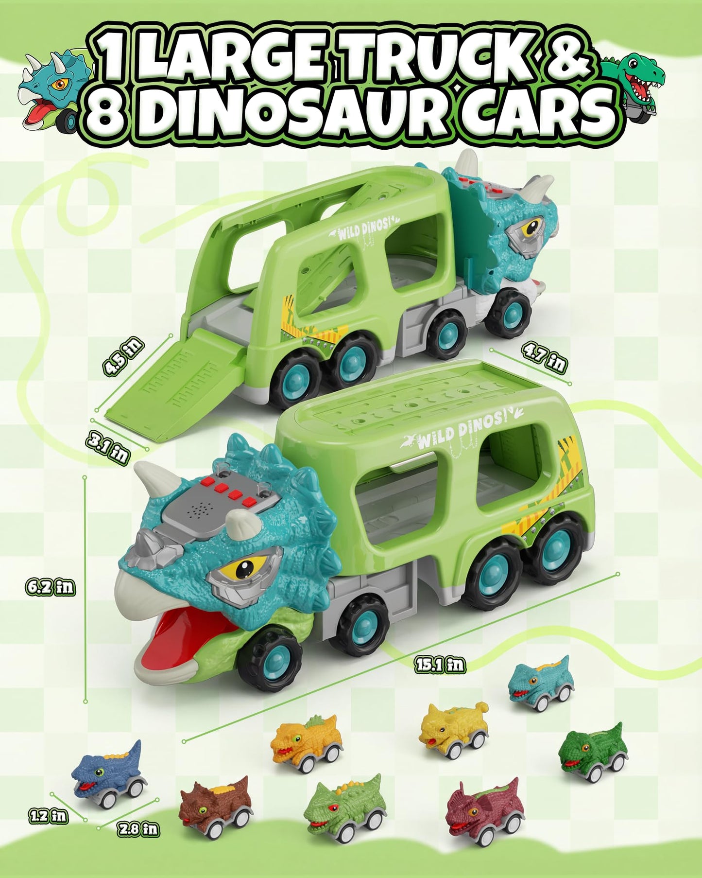 Cozycharm 9 in 1 Dinosaur Toys for Boys, Dinosaur Transport Truck with 8 Pull Back Dino Cars, Toys for 3 4 5+ Year Old Toddlers, Birthday for Grandkids, Blue Green