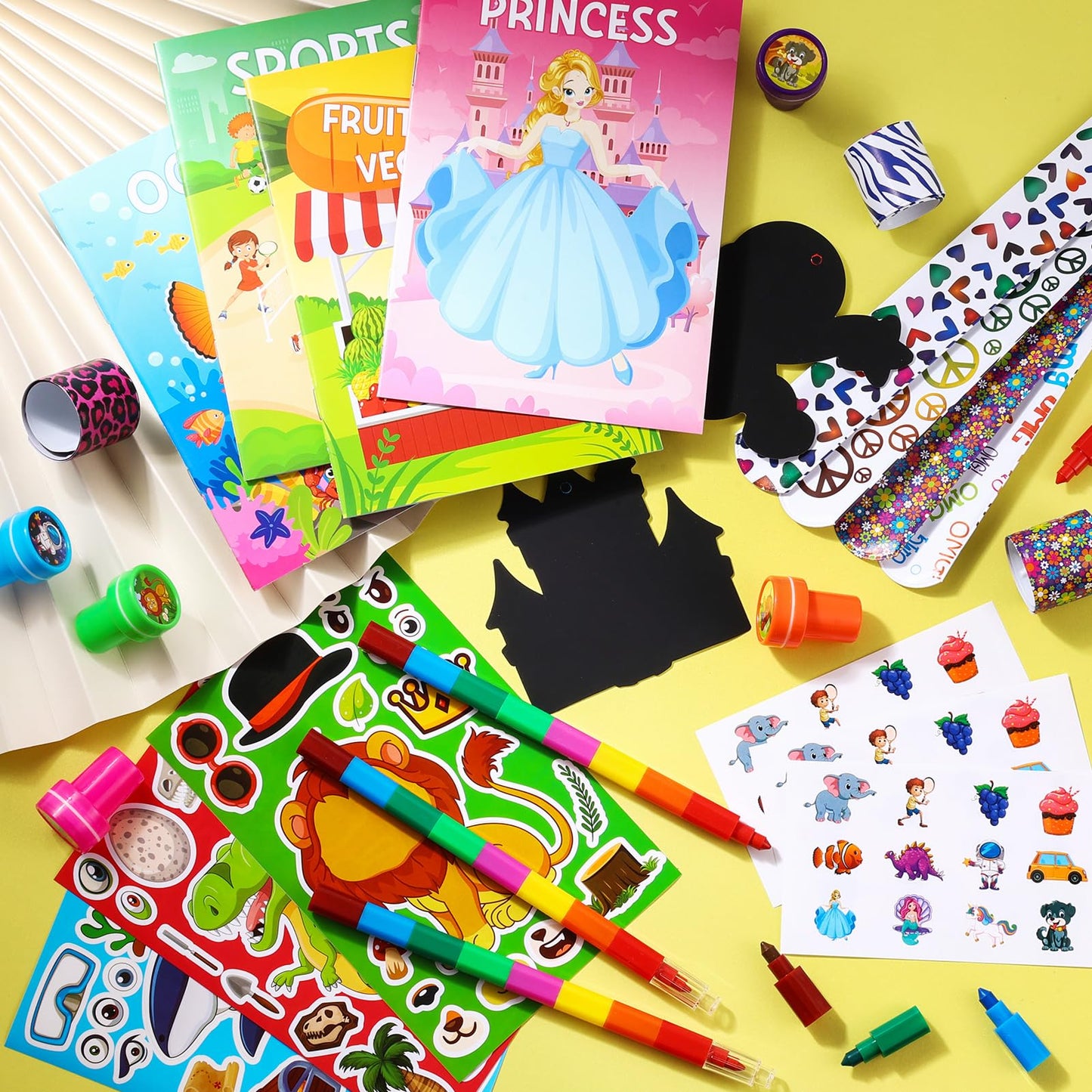 BenLouis 96Pcs Kids Party Favors Mini Coloring Books Crayon Slap Bracelets Stickers Set Bulk for Kids 4-8-12 Classroom Birthday Gifts Goodie Bags Pinata Stuffers School Rewards Crafts Supplies