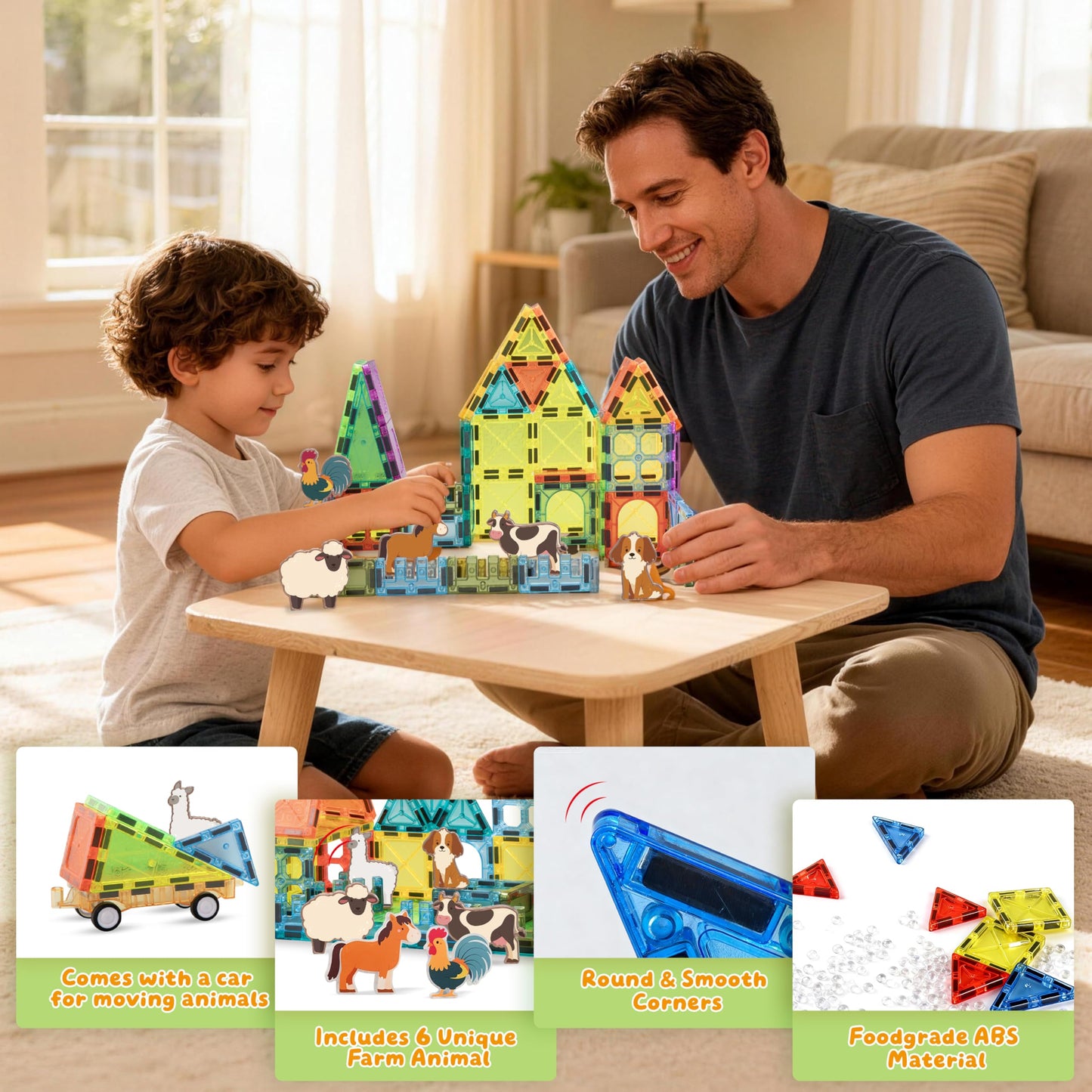 RiteHold Magnetic Tiles Farm Animals 52PCS, STEM Toys Magnet Building Blocks for Kids Ages 3 4 5 6 7 8, Toddler Construction Stacking Tiles Toys Gifts for Boys Girls 3+