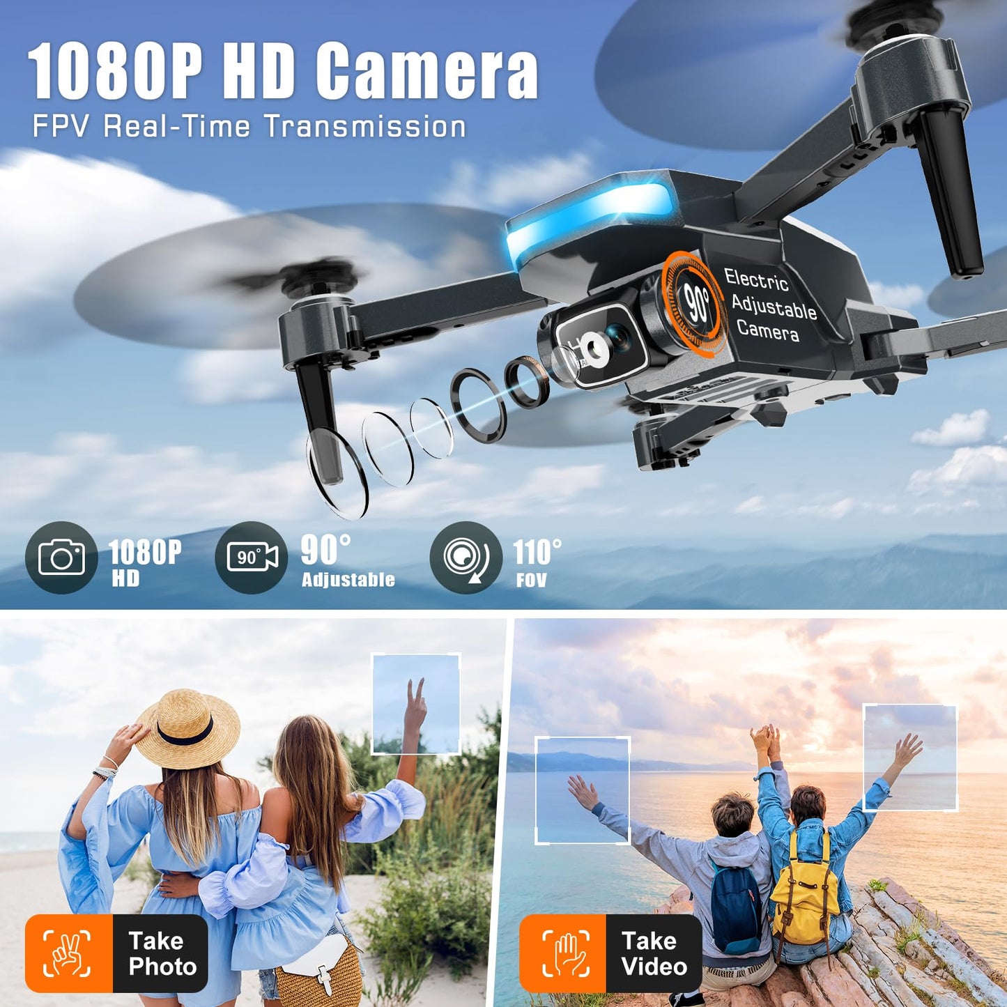 Drone with Camera, 1080P FPV Foldable Drone with Stable Altitude Hold, Gravity Control, Trajectory Flight, 90° Adjustable Lens, One Key Take Off, 2 Batteries, RAGPIP X66 Drone Toy for Kids Adult Beginners
