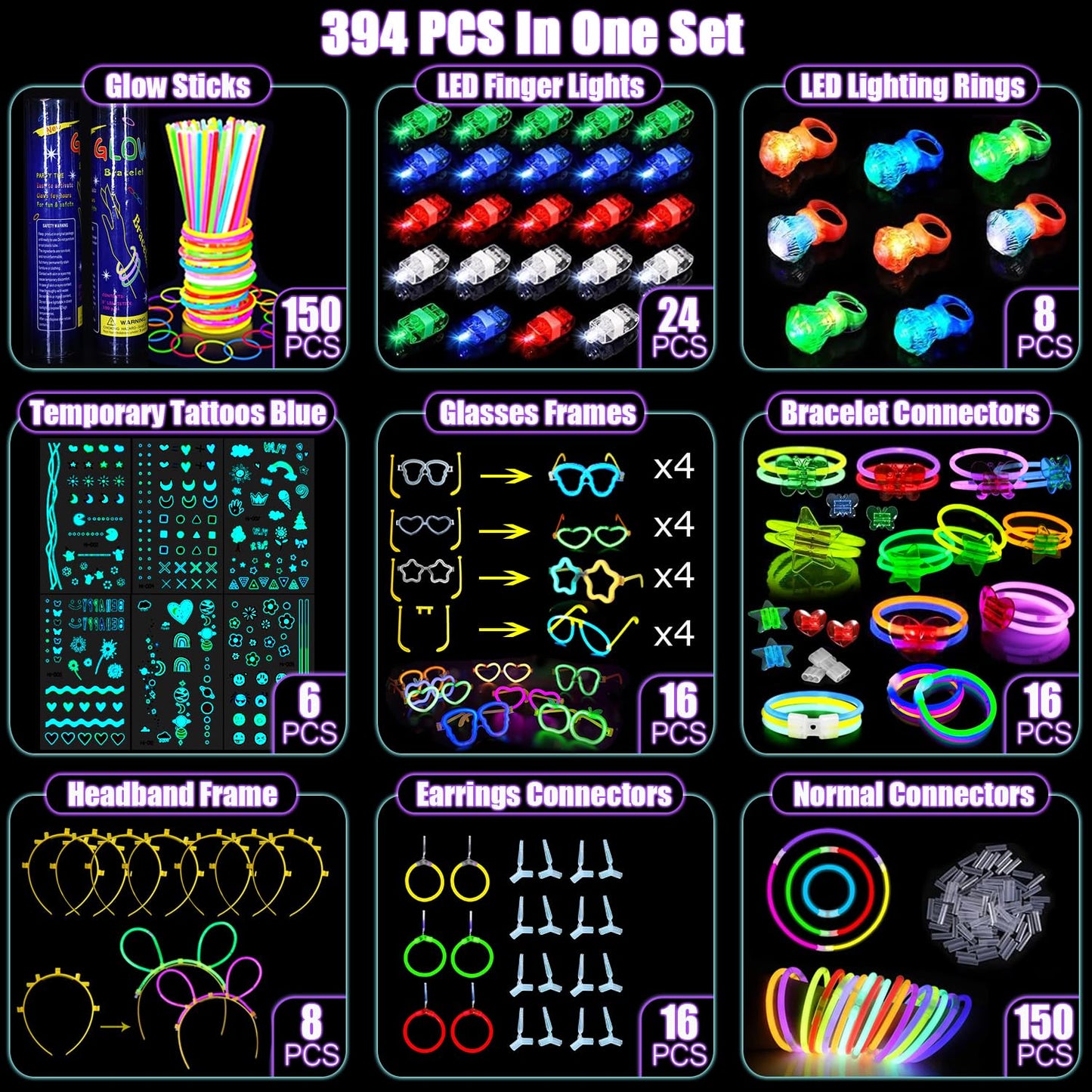 394 Pcs Glow in the Dark Party Supplies for 16 Kids Adults, Light Up Party Favors, 150 Ultra Bright Glow Sticks Bulk Party Pack with Set of 16 Glow Glasses,Earring, Headband,Bracelets, Necklaces