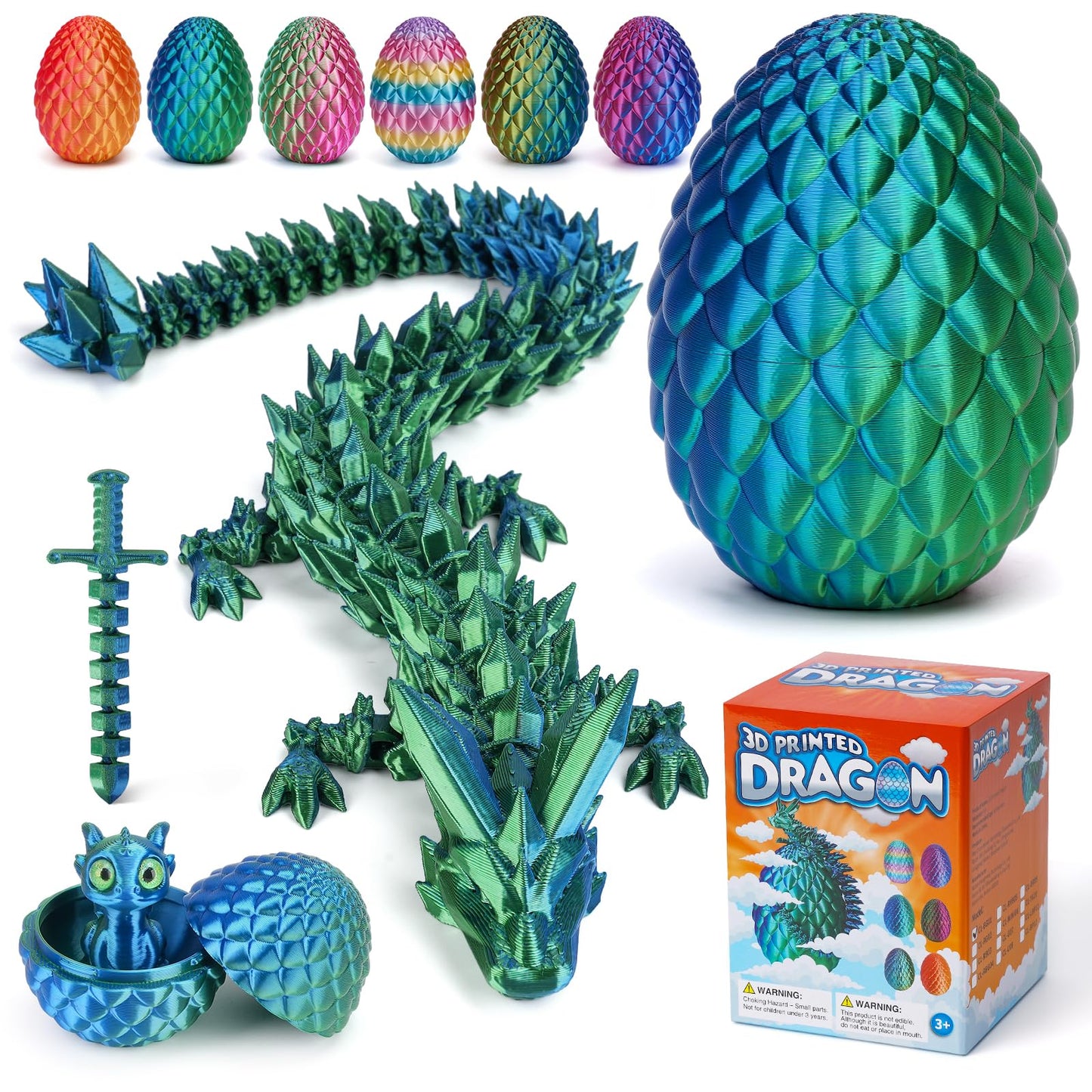 NIUCOO 12" 3D Printed Dragon Egg, Articulated 3D Printer Crystal Egg with Dragons Inside Toy, Surprise 3D Printed Animals Dragons Fidget Toys Party Favors for Kids Boys Girls