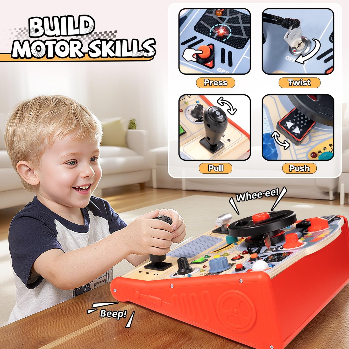 Toddler Busy Board Toy for Steering Wheel with Sounds & Lights, Sensory Montessori Toy for 3 Year Old Boys Girls Birthday Present, Wooden Travel Toys for Kids Ages 3