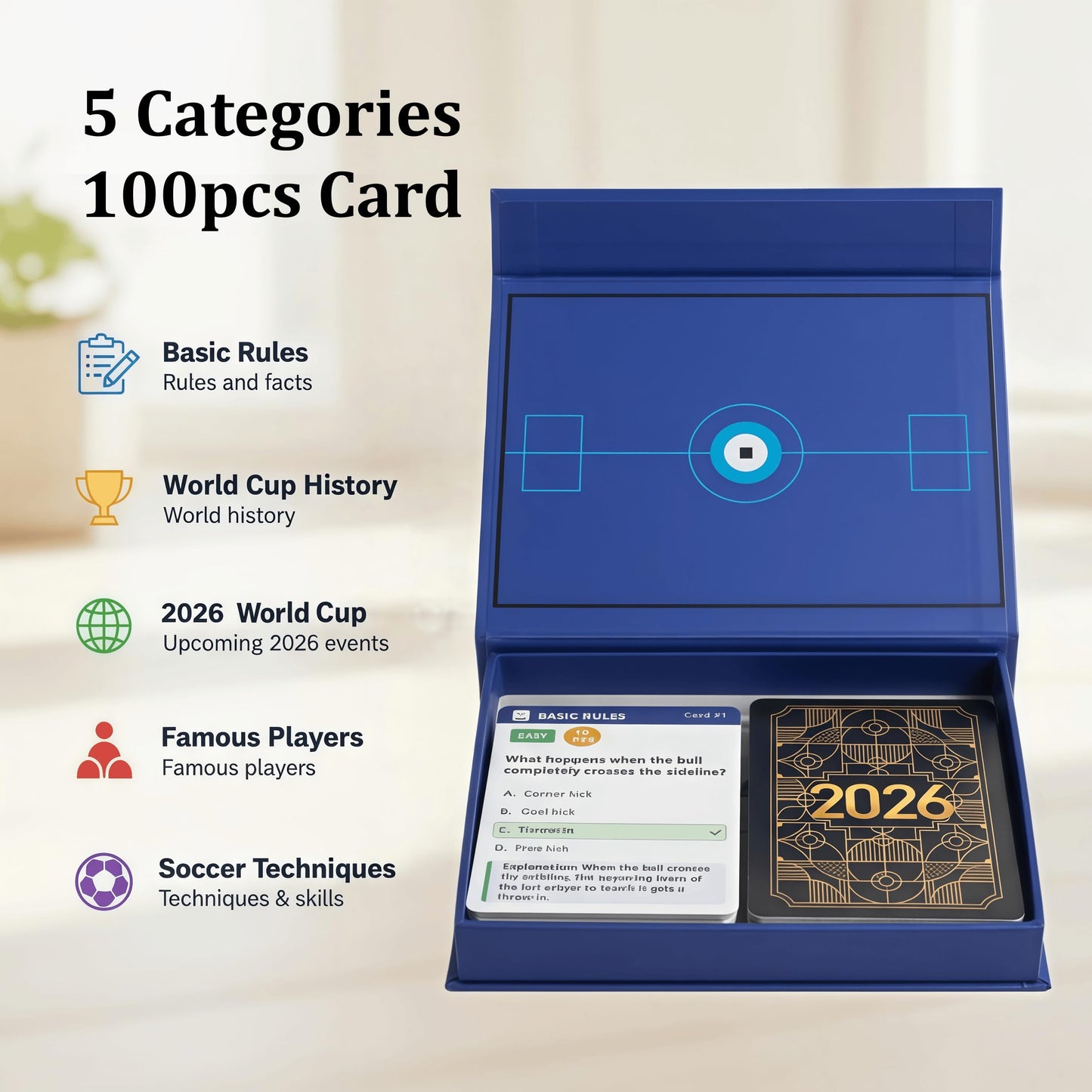 YXYOUNG 2026 World Cup Soccer Knowledge Trivia Cards Game - 100 Educational Question Cards, 5 Categories, 3 Difficulty Levels, Family and Friend Game Gift for Kids and Adults