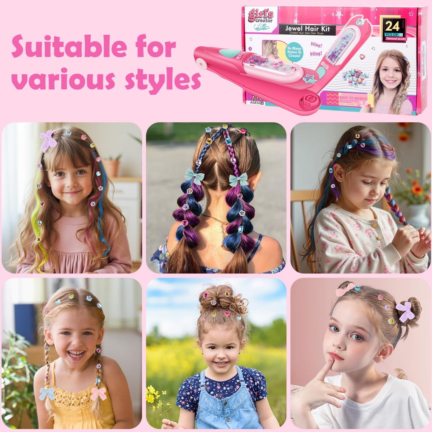 Hair Gem Stamper Kit with Temporary Hair Chalk, Gem Stapler for Hair, Hair Jewel Stamper for Girls Toy, Washable Hair Chalk Bedazzler Kit for Girl, Reusable Hair Styling Tool for Ages 6-12 Girls