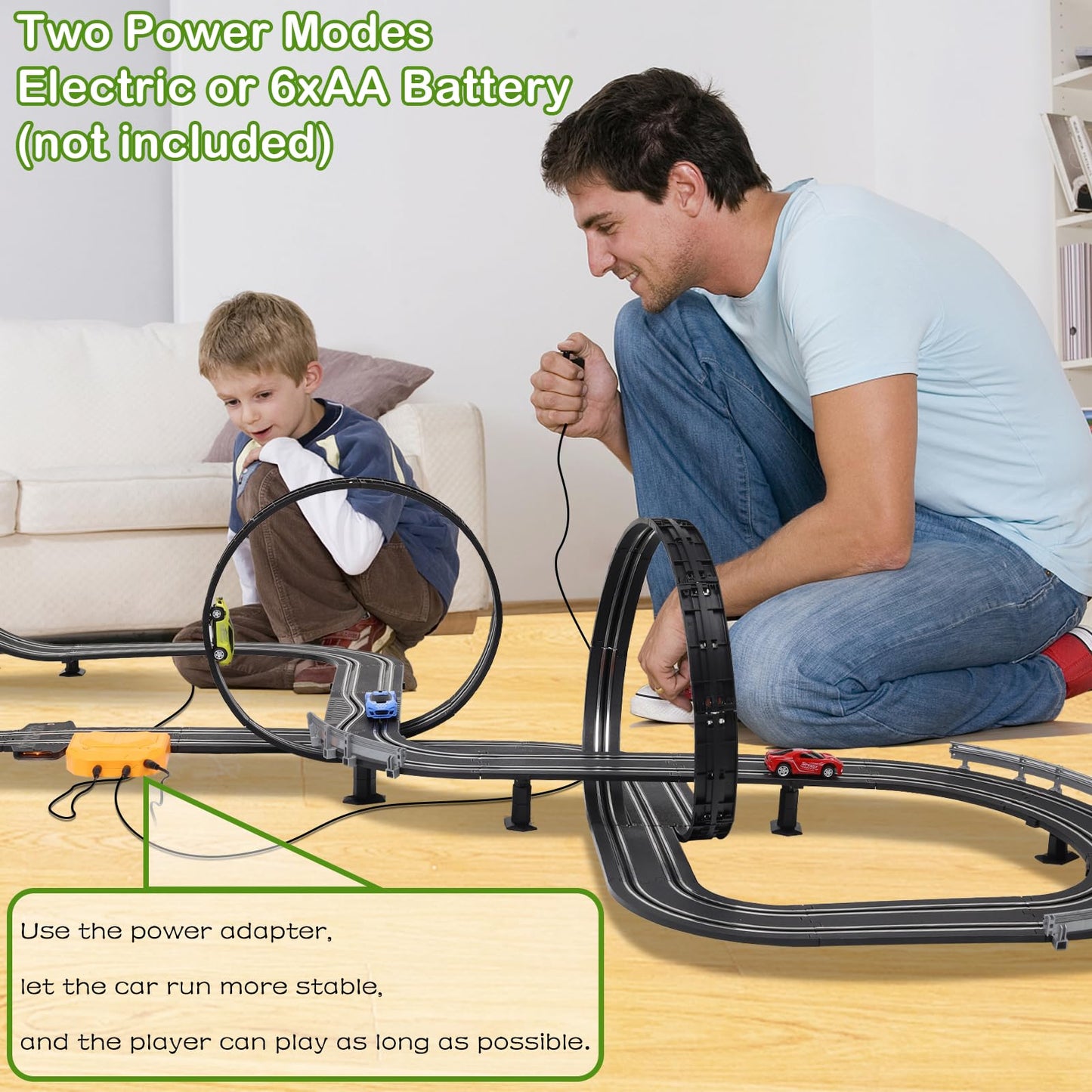 Slot Car Race Track Sets, 23ft Battery Powered or Electric Track with 4 Slot Cars, Dual Racing Game Lap Counters, Race Track Set Features a Loop, Turns, Straightaways and a Crossover for Boys Age 6-12