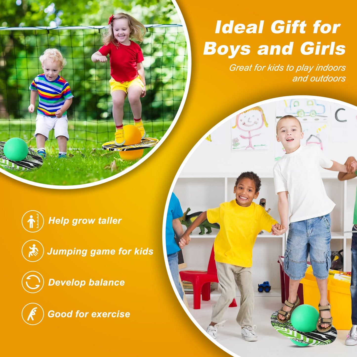 Junkin 2 Pcs Pogo Ball Trick Board Toy Balance Board Pogo Balance Bounce Ball with Pump and Strong Grip Deck for Fun Challenge Fidget Indoor,Outdoor Toys(Yellow, Green,Elegant Style)