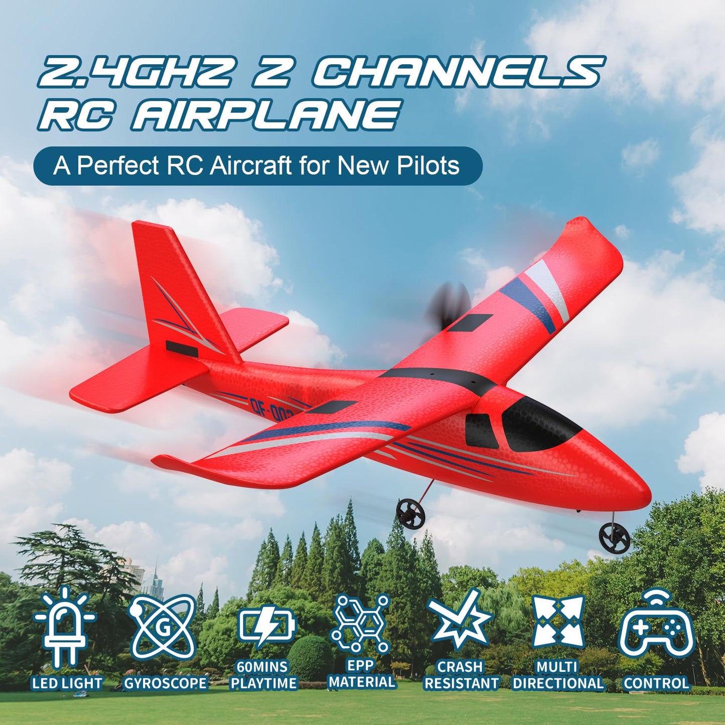 HRZPACT RC Airplane, 2.4GHZ Remote Control Airplane 2CH RC Plane, Hobby RC Airplanes Toy W/ 3 Batteries & Gyro Stabilizer, Easy to Fly for Beginners Kids Boys Girls Adults (Red)