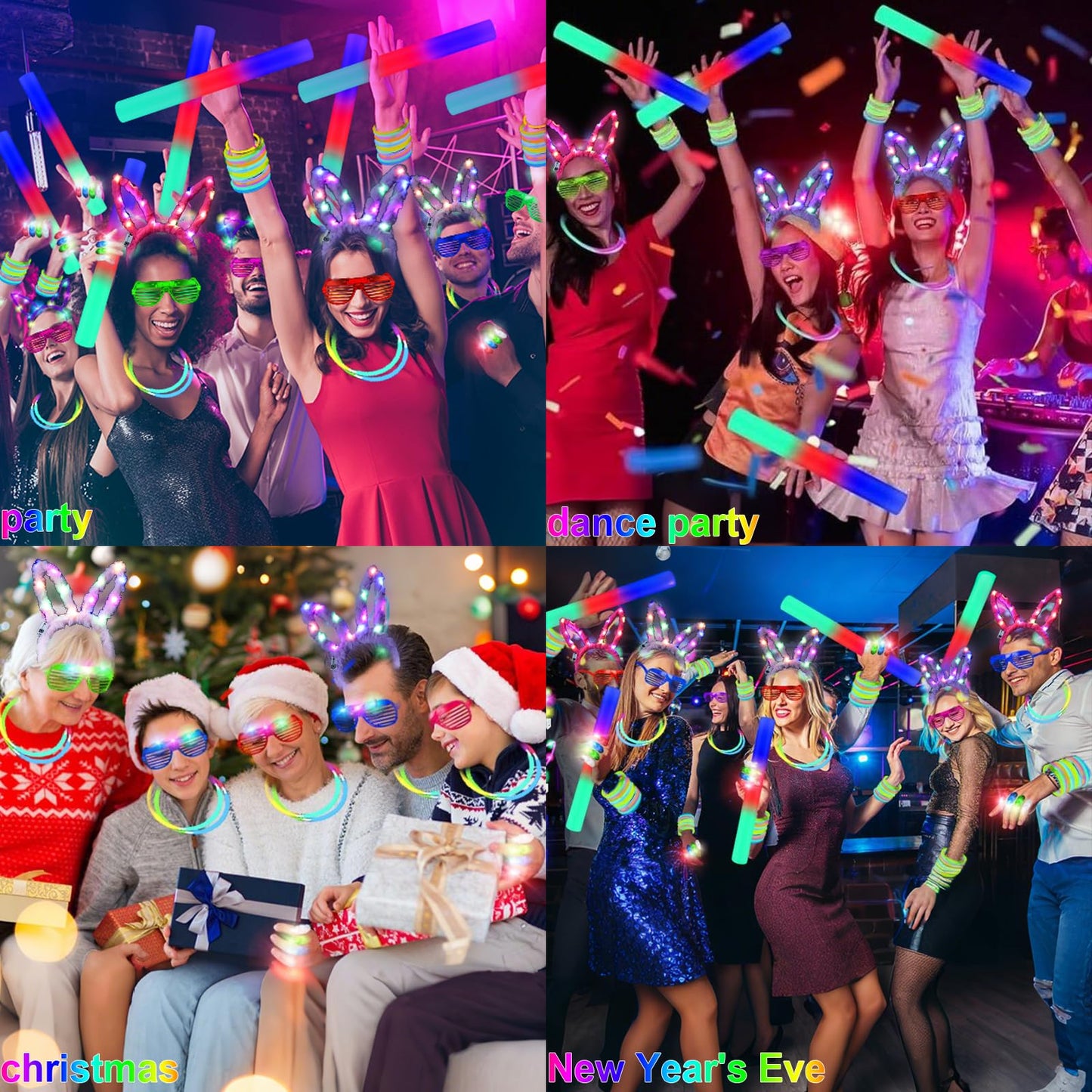 186 PCS Glow in the Dark Party Supplies,16 Foam Sticks,10 Glow Fiber Wands, 10 LED Glasses, 10 Glowing Rabbit Ears,100 Glow Sticks and 40 Finger Lights for Neon Party Birthday Carnivals Halloween