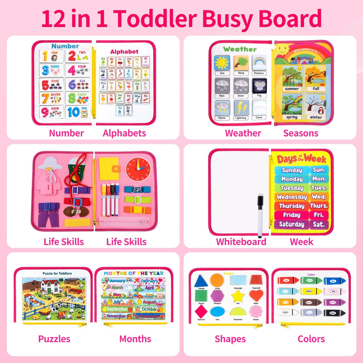 Toddler Busy Board, Montessori Busy Book for Toddlers, 12-Page Quiet Educational Activity Book, Learning Sensory Toys for Motor Skills, Travel Toy for Car Airplane, Girl Kids Birthday Gifts (Pink)