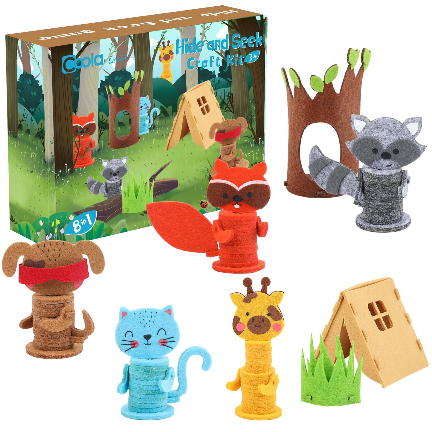 Coola Animal Hide & Seek Craft Kit - 8Pcs Preschool Beginner's DIY Toy Set for Kids Ages 3-6, Includes Cat, Dog, Giraffe, Raccoon, for Boys & Girls 4-8 Years
