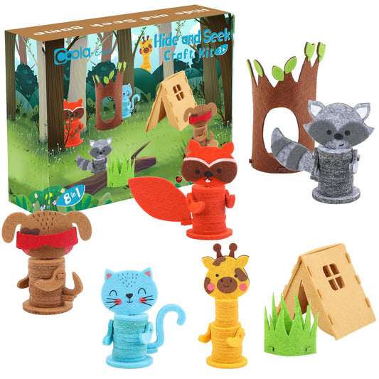 Coola Animal Hide & Seek Craft Kit - 8Pcs Preschool Beginner's DIY Toy Set for Kids Ages 3-6, Includes Cat, Dog, Giraffe, Raccoon, for Boys & Girls 4-8 Years