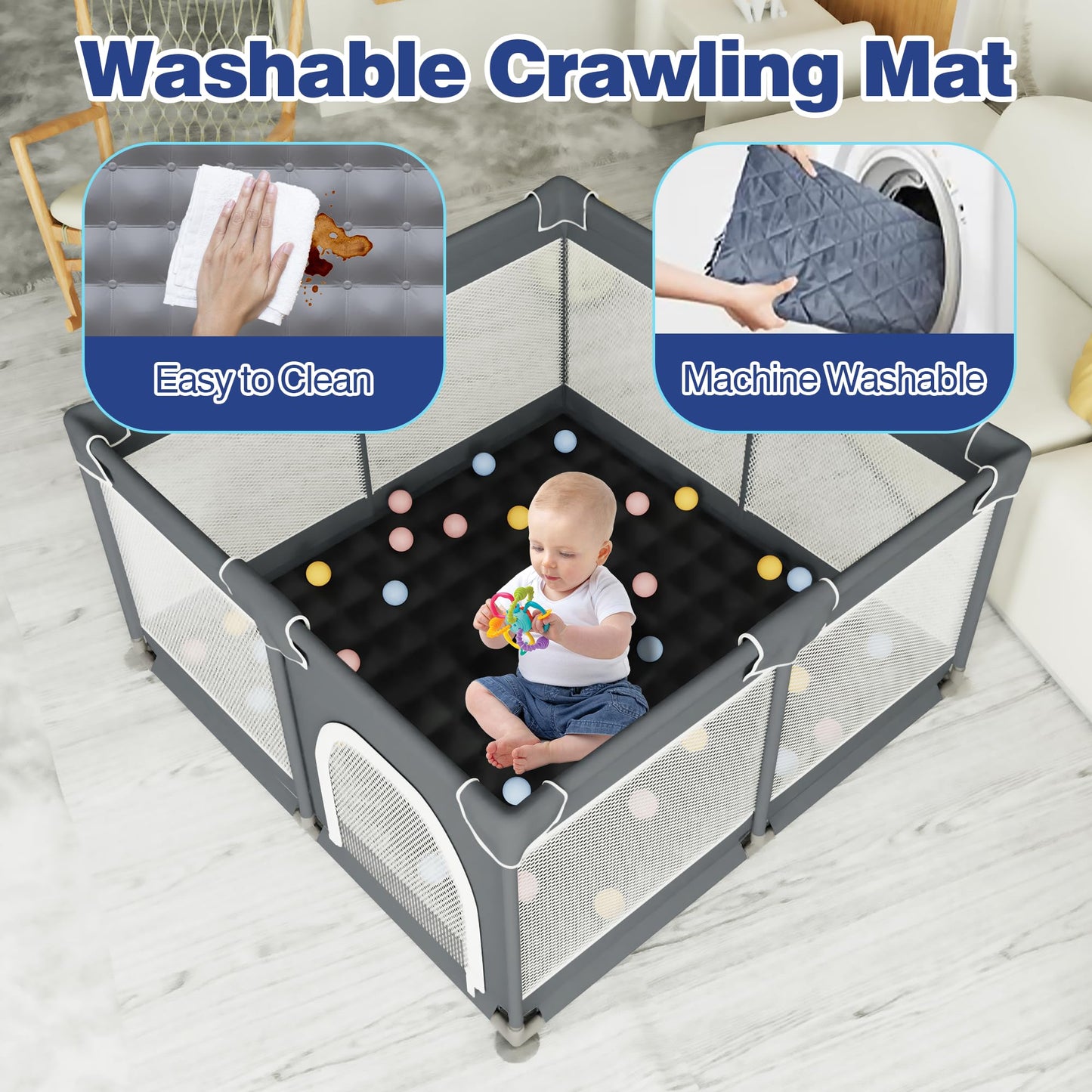 Grobeybees Baby Playpen with Mat, Playpen for Babies and Toddlers, Large Baby Play Pen with Pad, Playard with Bag, Indoor & Outdoor Play Pen, Sturdy Safety Play Yard with Soft Breathable Mesh (Grey)