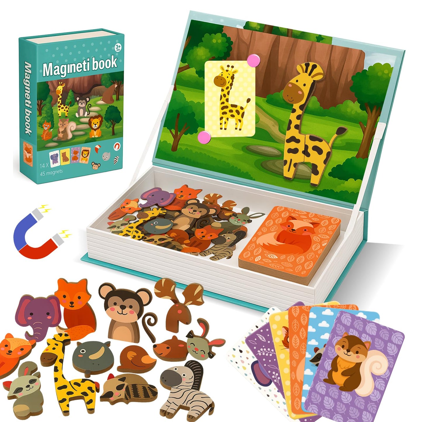 ROHSCE Animal Magnetic Busy Book for Toddlers, Montessori Quiet Travel Toy with 45 Magnets & Activity Cards, Plus Rocket Launcher Model Kit Outdoor Rocket Toy Gift for Kids