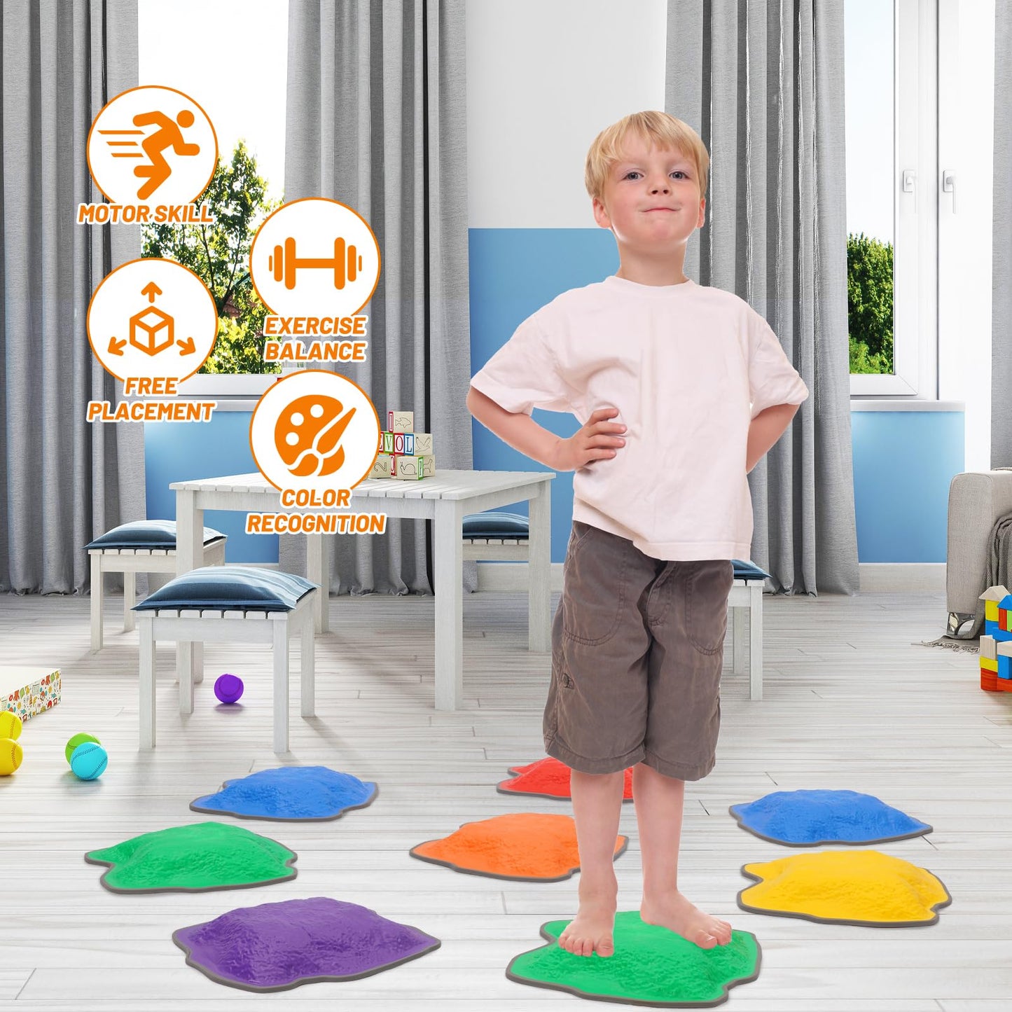 Non-Slip Stepping Stones for Kids 8pcs Plastic Balance Beam Obstacle Course for Promoting Children's Coordination Skills Sensory Play Equipment Indoor & Outdoor Play Toddler Ages 3 Years+